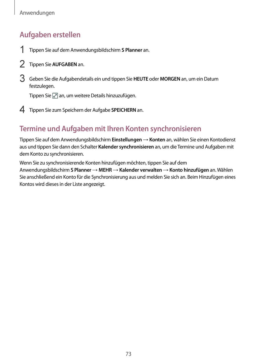 Samsung SM-T815NZWEDBT, SM-T815NZKEDBT manual Aufgaben erstellen, Termine und Aufgaben mit Ihren Konten synchronisieren 