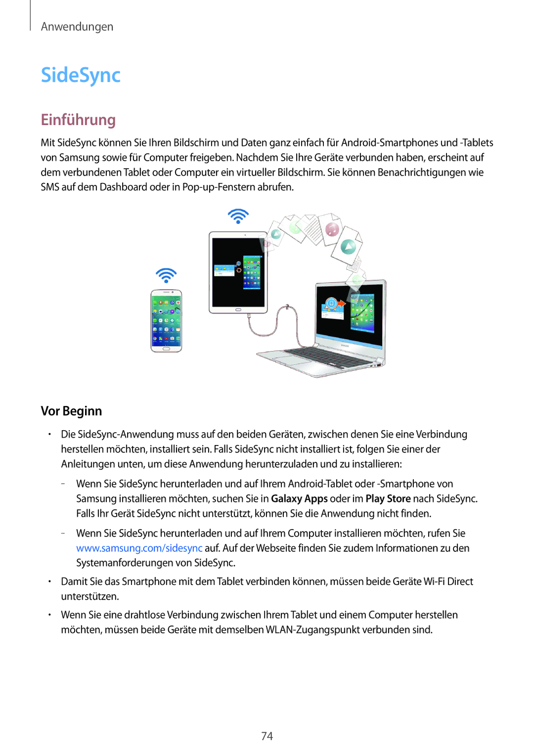 Samsung SM-T715NZKEDBT, SM-T815NZKEDBT, SM-T815NZWEDBT, SM-T715NZWEDBT manual SideSync, Vor Beginn 