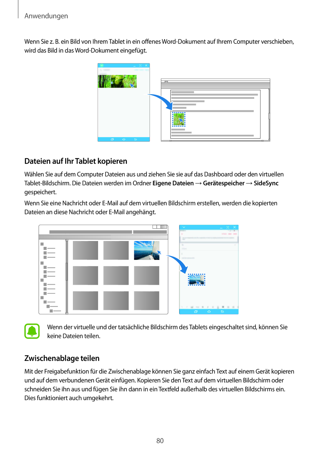 Samsung SM-T815NZKEDBT, SM-T815NZWEDBT, SM-T715NZKEDBT manual Dateien auf Ihr Tablet kopieren, Zwischenablage teilen 