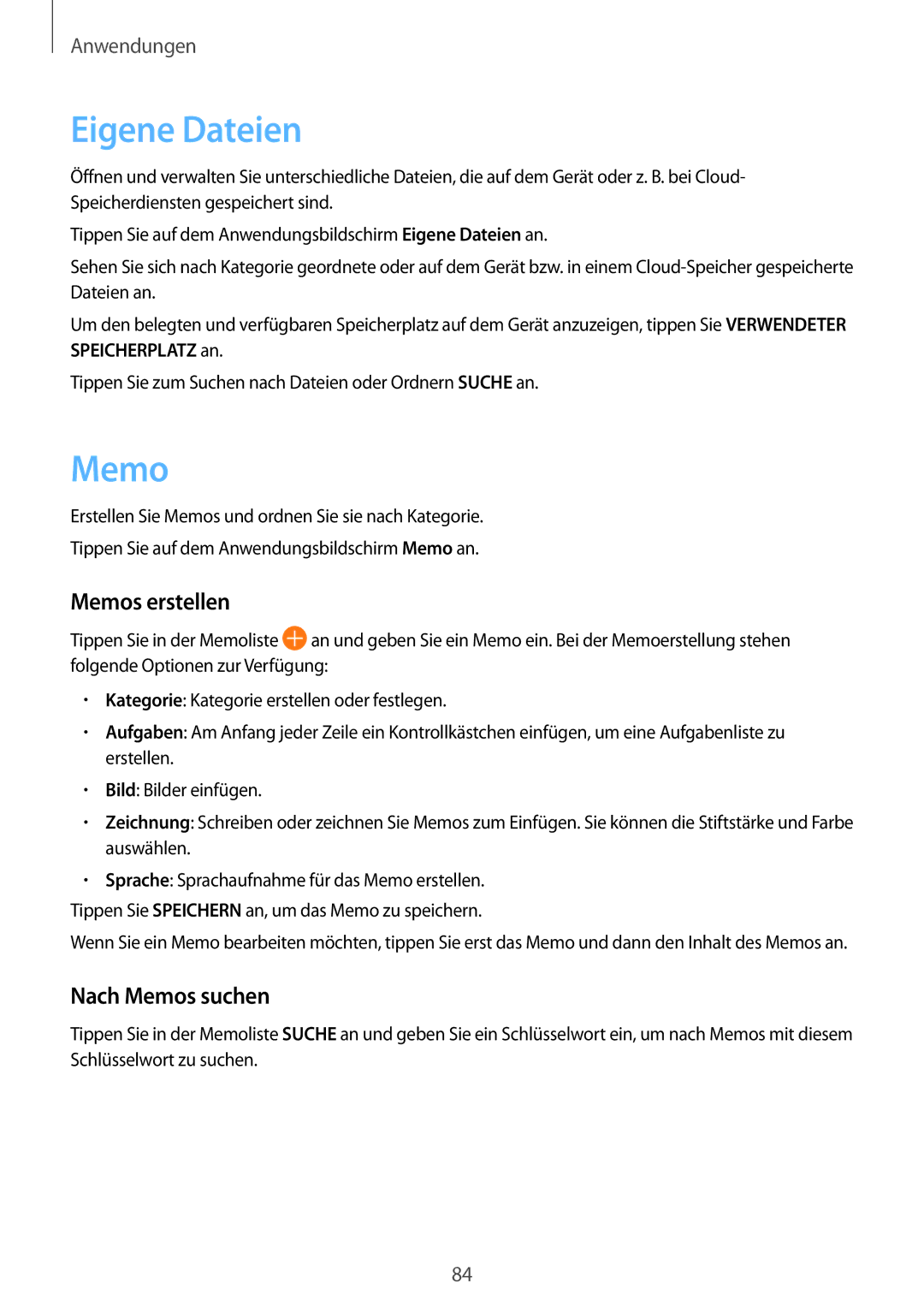 Samsung SM-T815NZKEDBT, SM-T815NZWEDBT, SM-T715NZKEDBT manual Eigene Dateien, Memos erstellen, Nach Memos suchen 