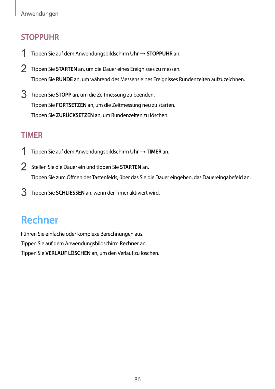 Samsung SM-T715NZKEDBT, SM-T815NZKEDBT, SM-T815NZWEDBT, SM-T715NZWEDBT manual Rechner, Stoppuhr 