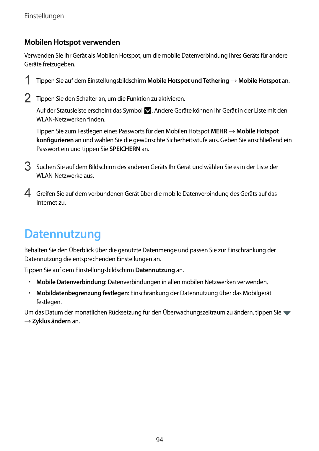 Samsung SM-T715NZKEDBT, SM-T815NZKEDBT, SM-T815NZWEDBT manual Datennutzung, Mobilen Hotspot verwenden, → Zyklus ändern an 