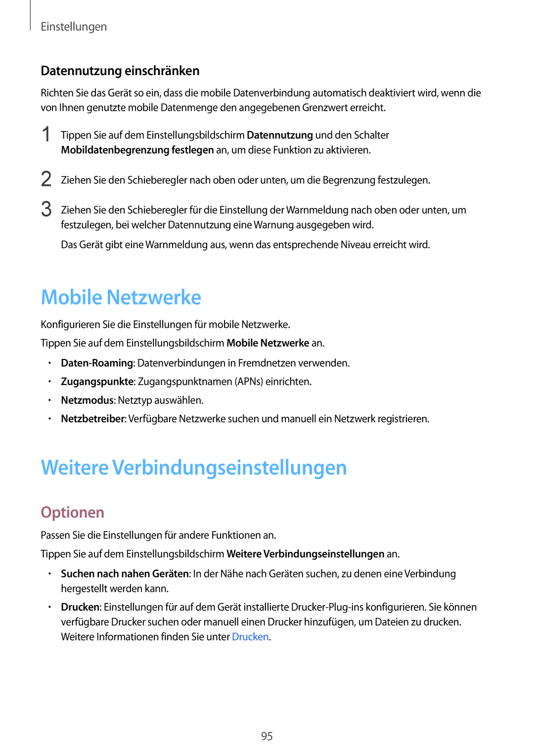 Samsung SM-T715NZWEDBT manual Mobile Netzwerke, Weitere Verbindungseinstellungen, Optionen, Datennutzung einschränken 