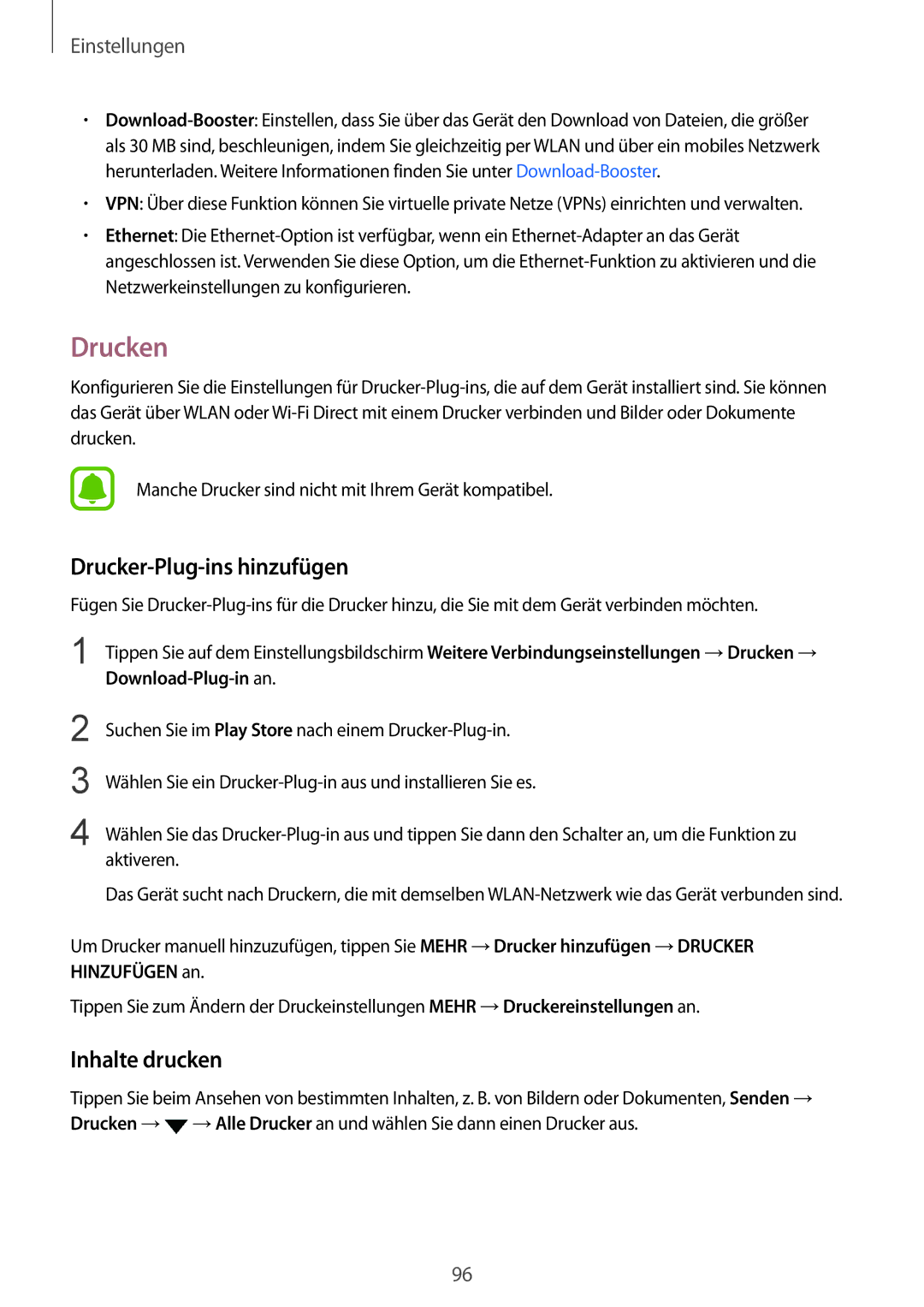 Samsung SM-T815NZKEDBT, SM-T815NZWEDBT manual Drucken, Drucker-Plug-ins hinzufügen, Inhalte drucken, Download-Plug-in an 