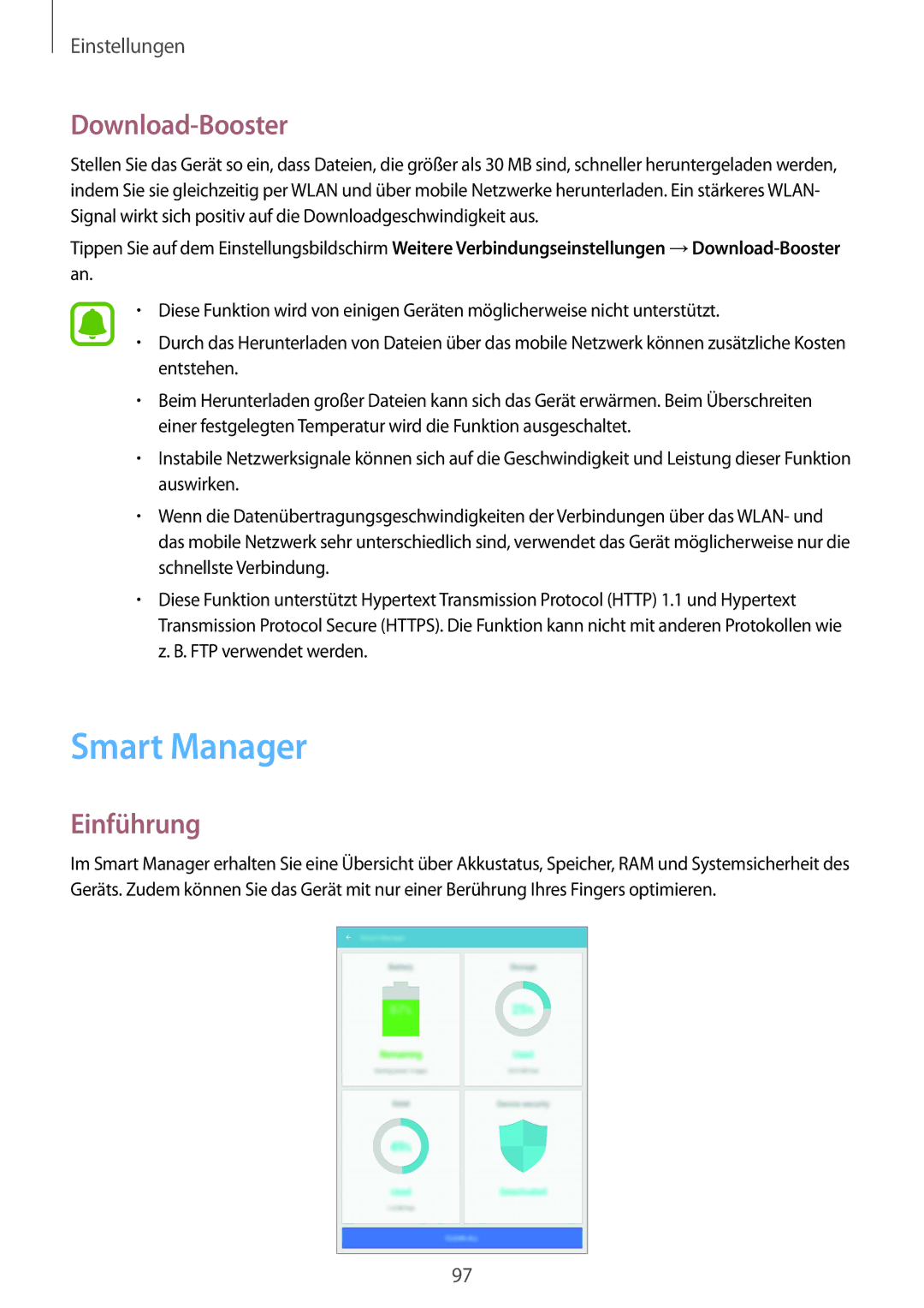 Samsung SM-T815NZWEDBT, SM-T815NZKEDBT, SM-T715NZKEDBT, SM-T715NZWEDBT manual Smart Manager, Download-Booster 