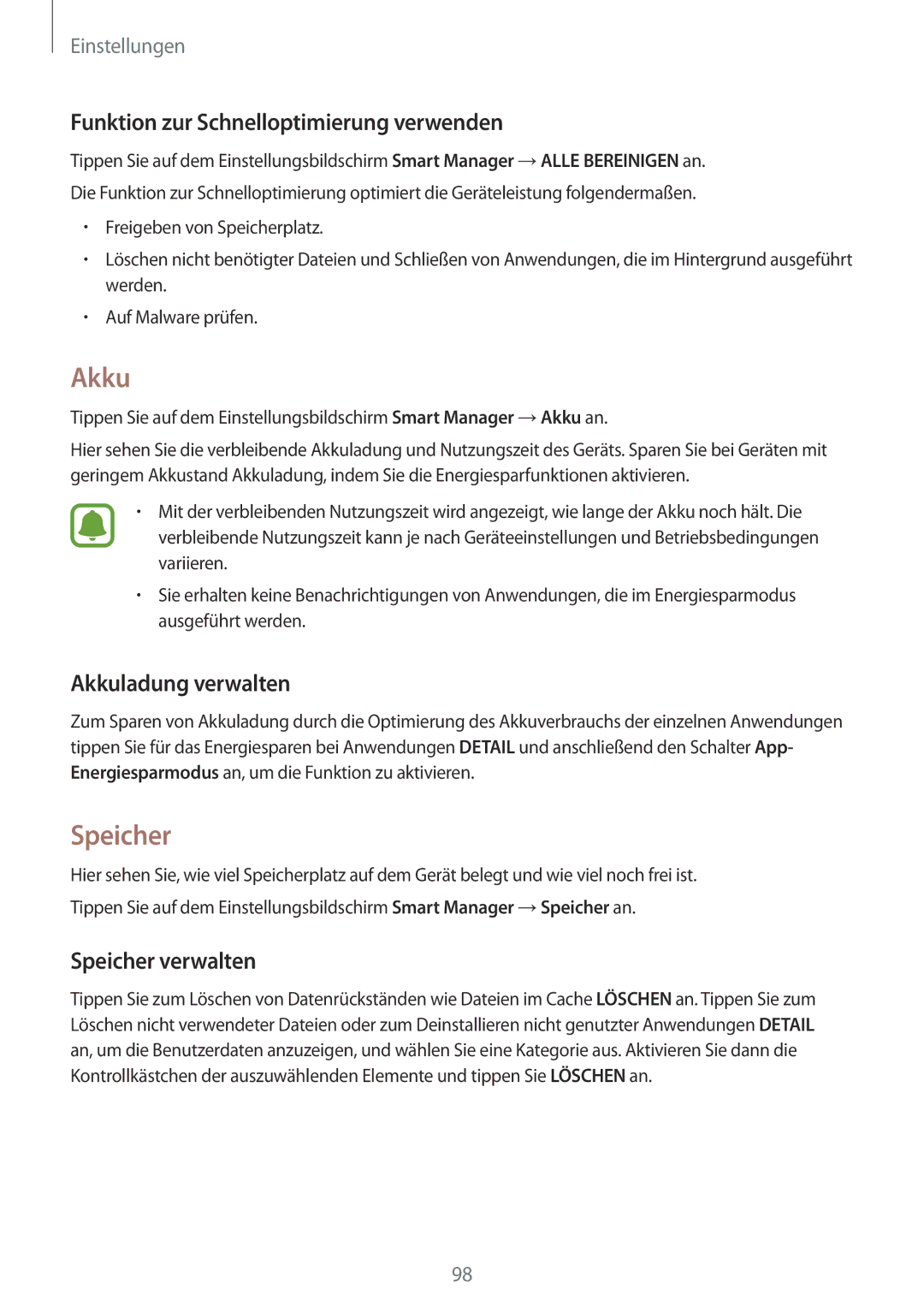 Samsung SM-T715NZKEDBT manual Funktion zur Schnelloptimierung verwenden, Akkuladung verwalten, Speicher verwalten 