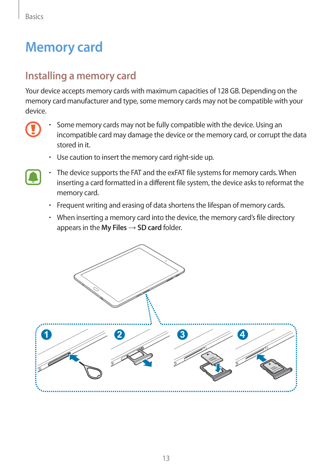 Samsung SM-T815YZWEXXV, SM-T815NZKEDBT, SM-T815NZWEDBT, SM-T815NZWEXEF, SM-T815NZDETIM Memory card, Installing a memory card 