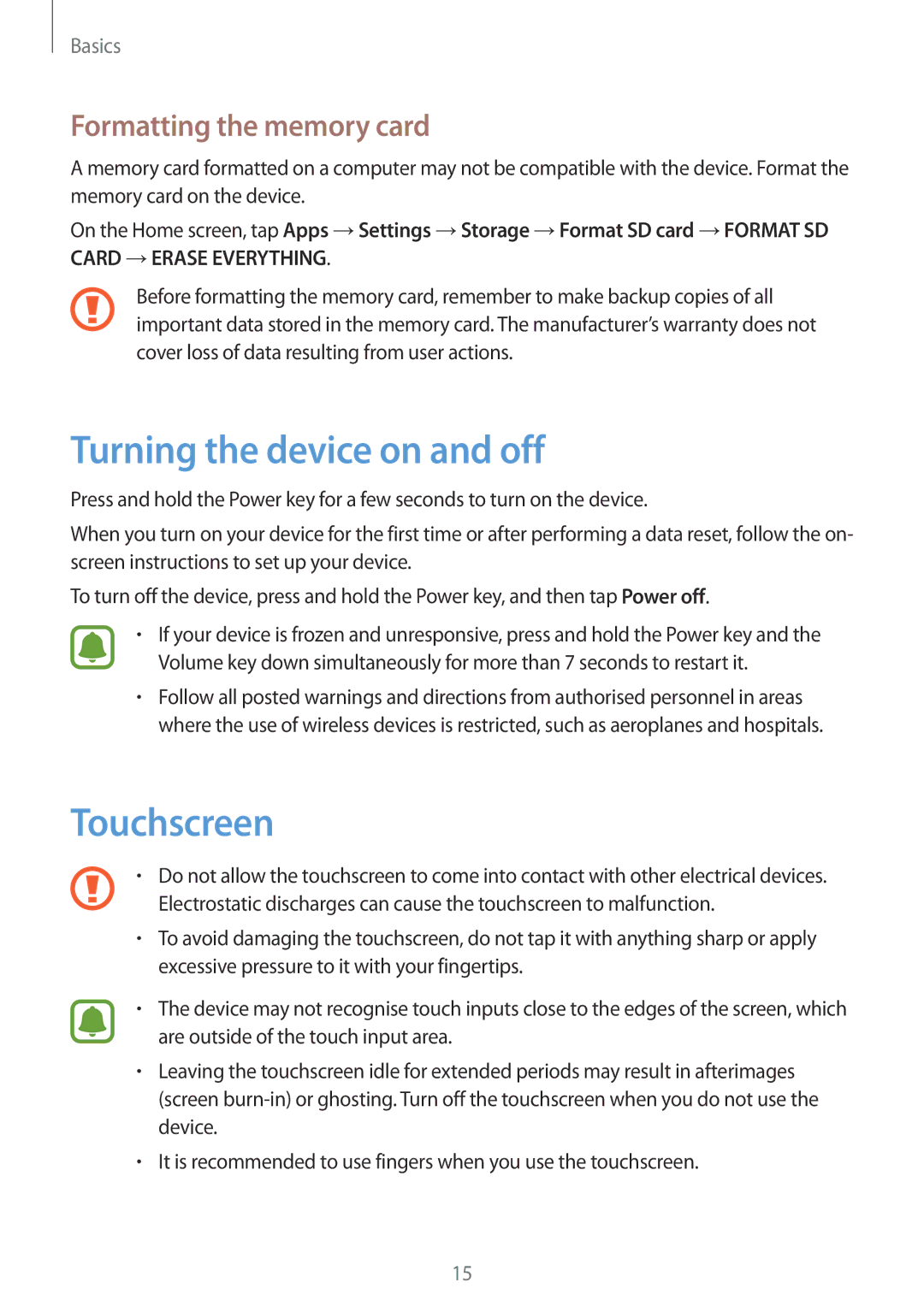 Samsung SM-T815NZDEBGL, SM-T815NZKEDBT manual Turning the device on and off, Touchscreen, Formatting the memory card 