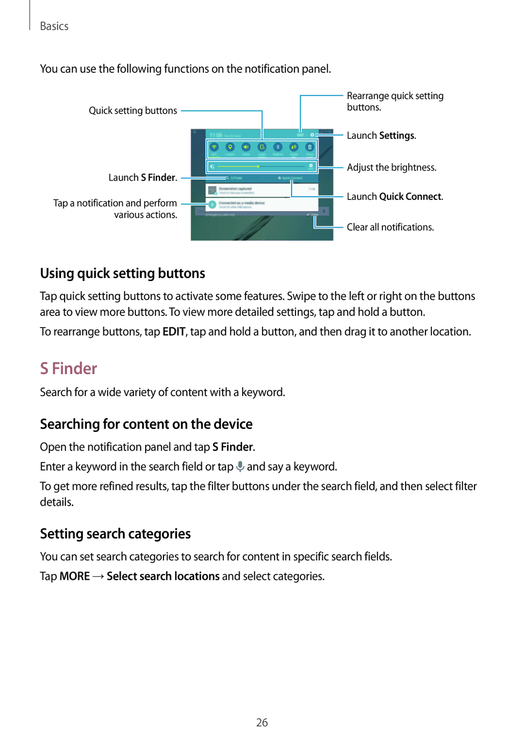 Samsung SM-T815NZKEXEH Finder, Using quick setting buttons, Searching for content on the device, Setting search categories 