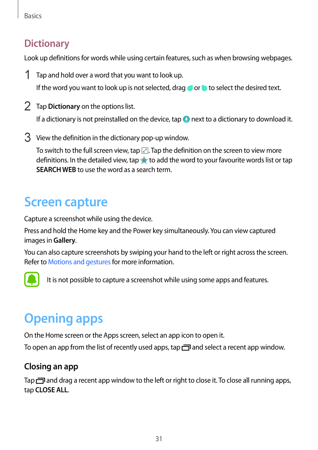 Samsung SM-T815NZKEXSK, SM-T815NZKEDBT, SM-T815NZWEDBT manual Screen capture, Opening apps, Dictionary, Closing an app 