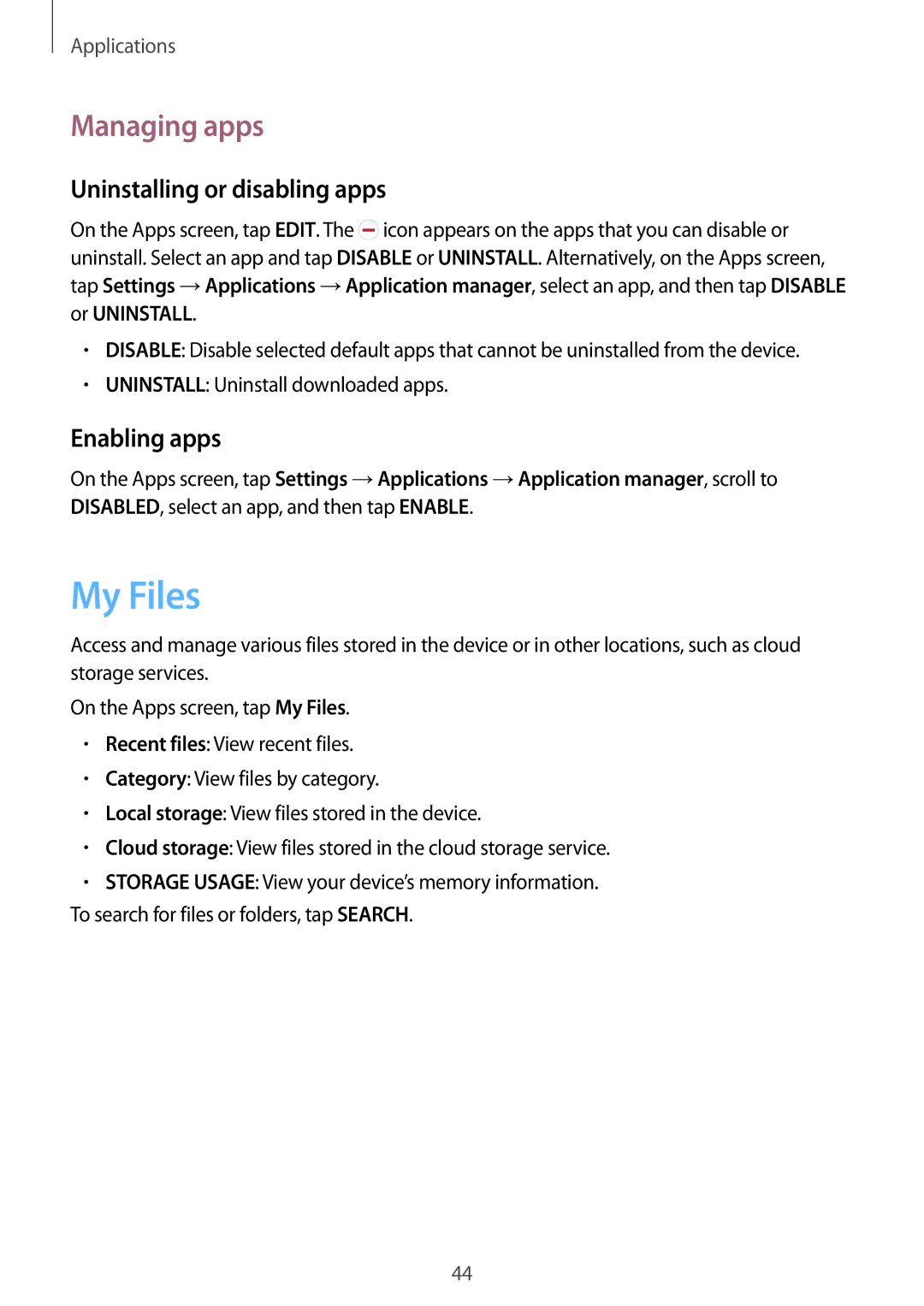 Samsung SM-T815NZWEDBT, SM-T815NZKEDBT manual My Files, Managing apps, Uninstalling or disabling apps, Enabling apps 