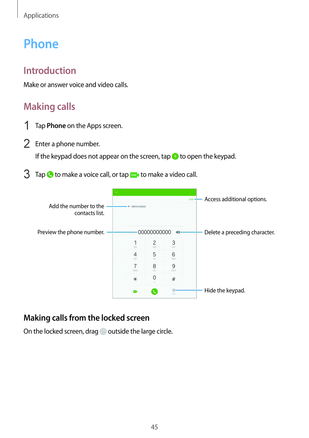 Samsung SM-T815NZWEXEF, SM-T815NZKEDBT, SM-T815NZWEDBT, SM-T815NZDETIM manual Phone, Making calls from the locked screen 