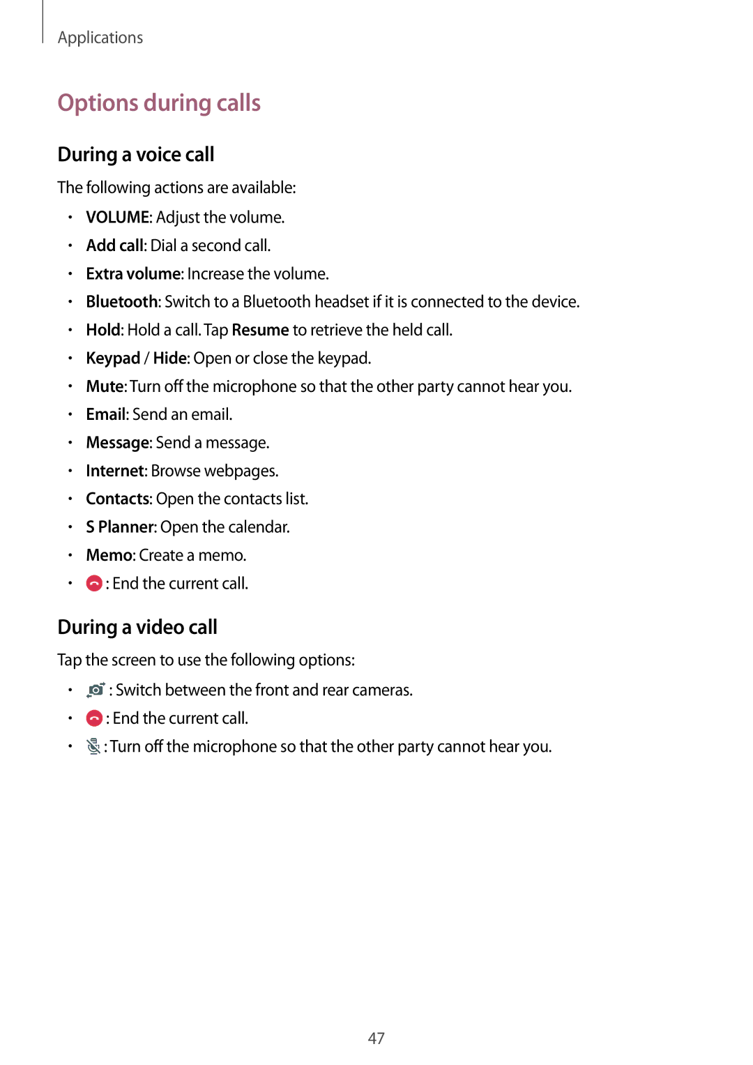 Samsung SM-T815NZWEPLS, SM-T815NZKEDBT, SM-T815NZWEDBT manual Options during calls, During a voice call, During a video call 