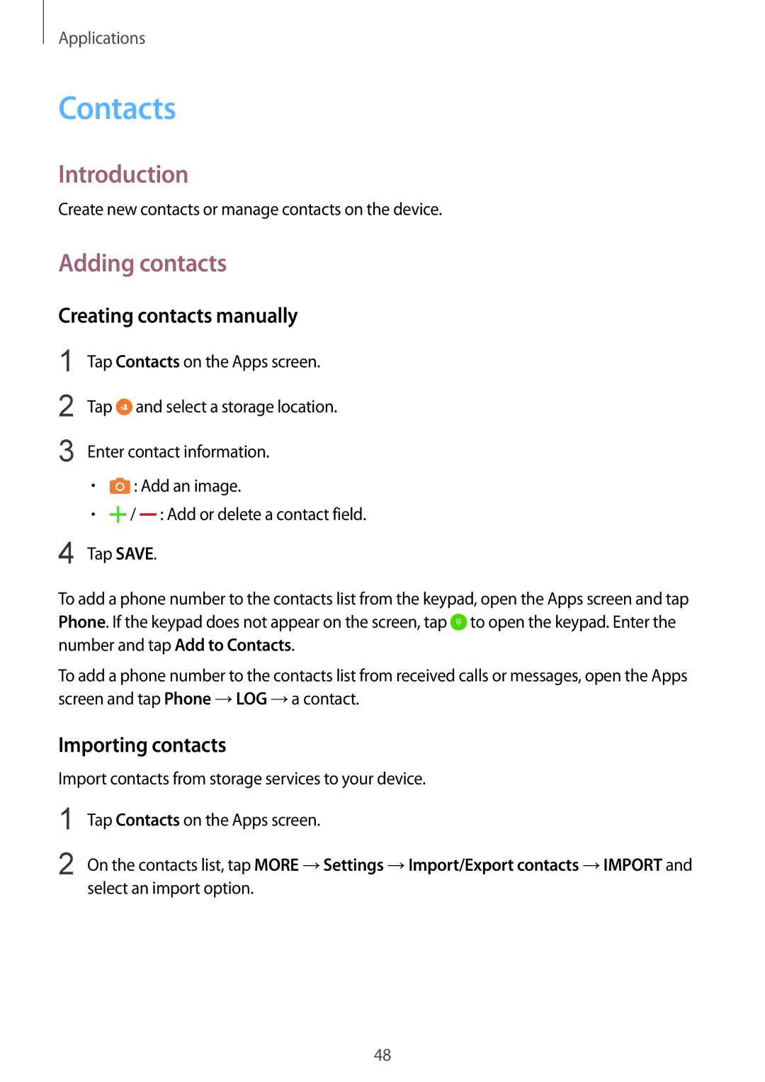 Samsung SM-T815NZKETIM, SM-T815NZKEDBT Contacts, Adding contacts, Creating contacts manually, Importing contacts 