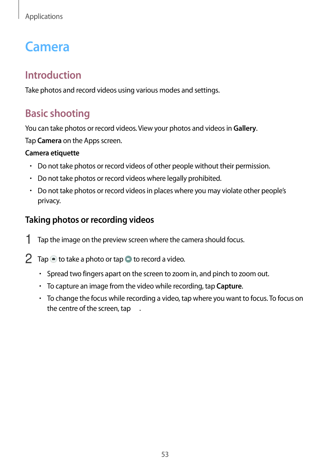 Samsung SM-T815NZWEPHE, SM-T815NZKEDBT manual Basic shooting, Taking photos or recording videos, Camera etiquette 