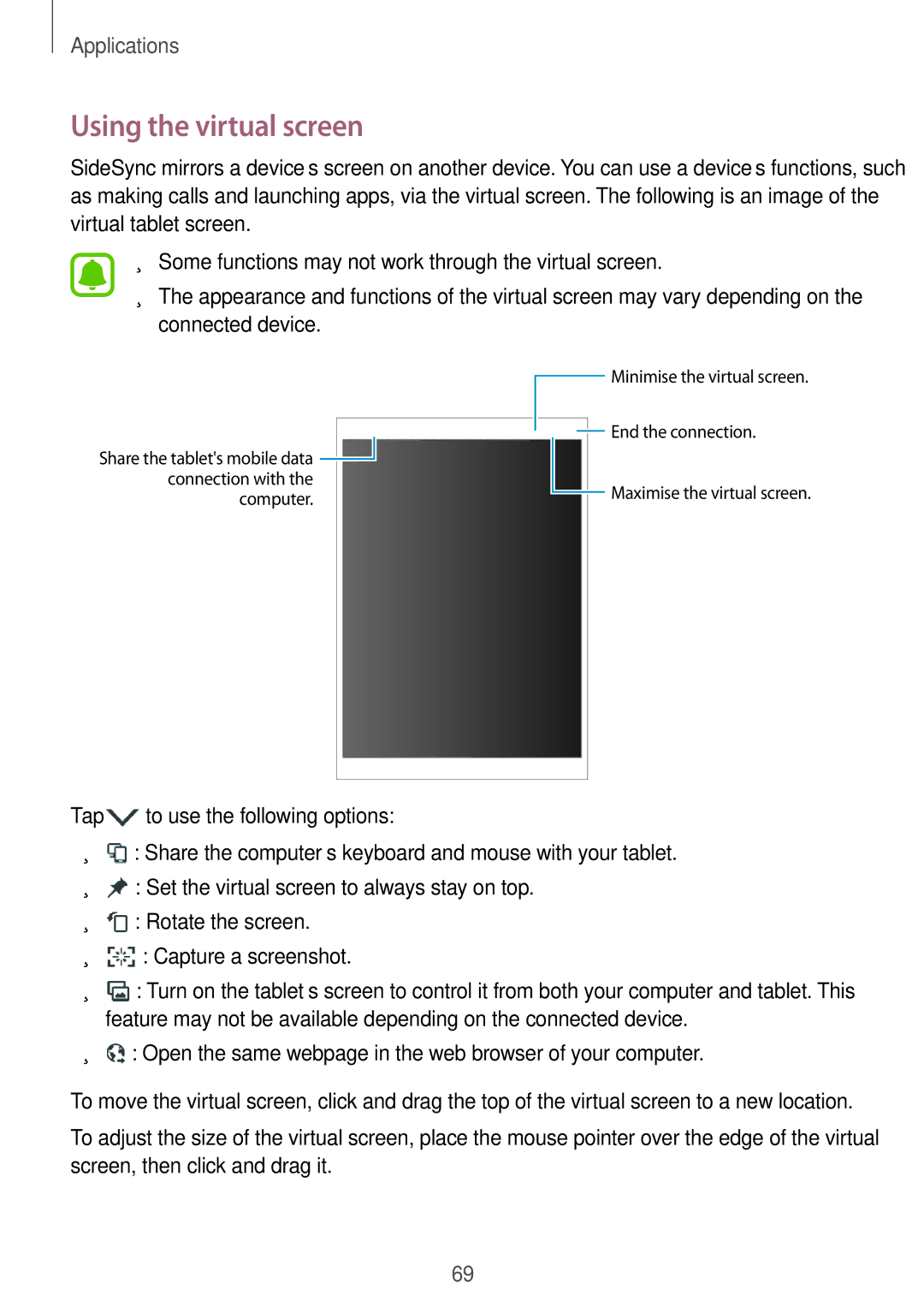 Samsung SM-T815NZKEXEH, SM-T815NZKEDBT, SM-T815NZWEDBT, SM-T815NZWEXEF, SM-T815NZDETIM manual Using the virtual screen 