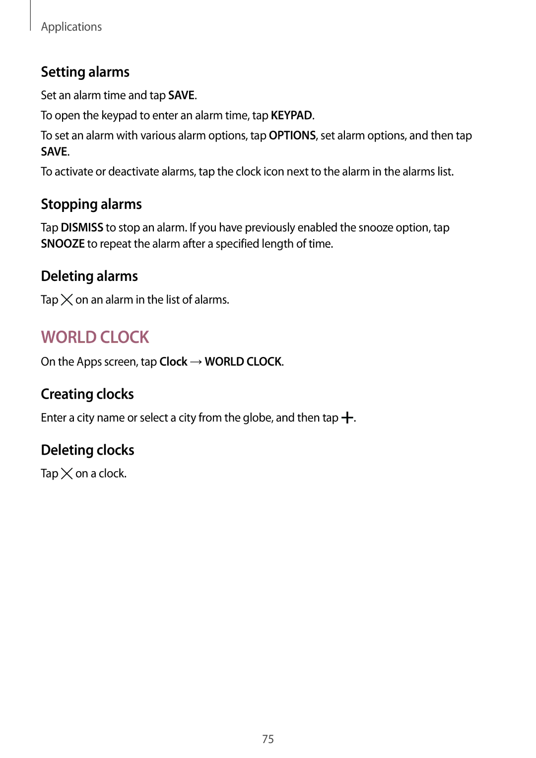 Samsung SM-T815NZKEXEZ, SM-T815NZKEDBT Setting alarms, Stopping alarms, Deleting alarms, Creating clocks, Deleting clocks 