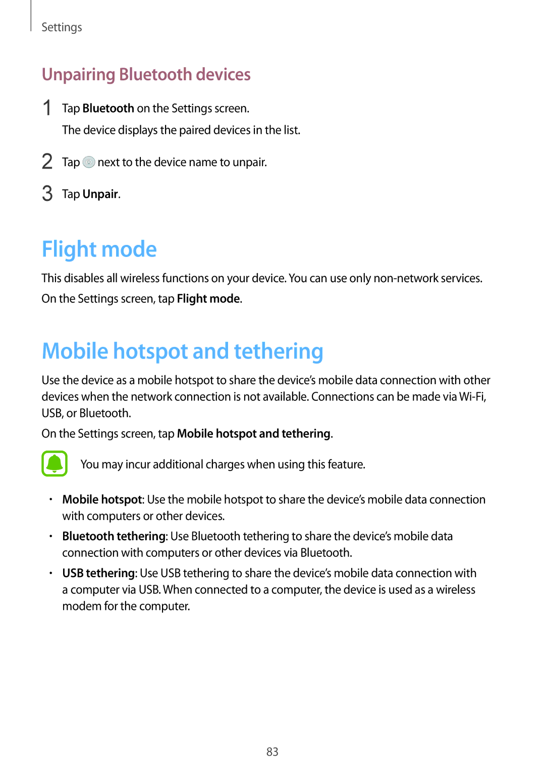 Samsung SM-T815NZKEEUR, SM-T815NZKEDBT Flight mode, Mobile hotspot and tethering, Unpairing Bluetooth devices, Tap Unpair 