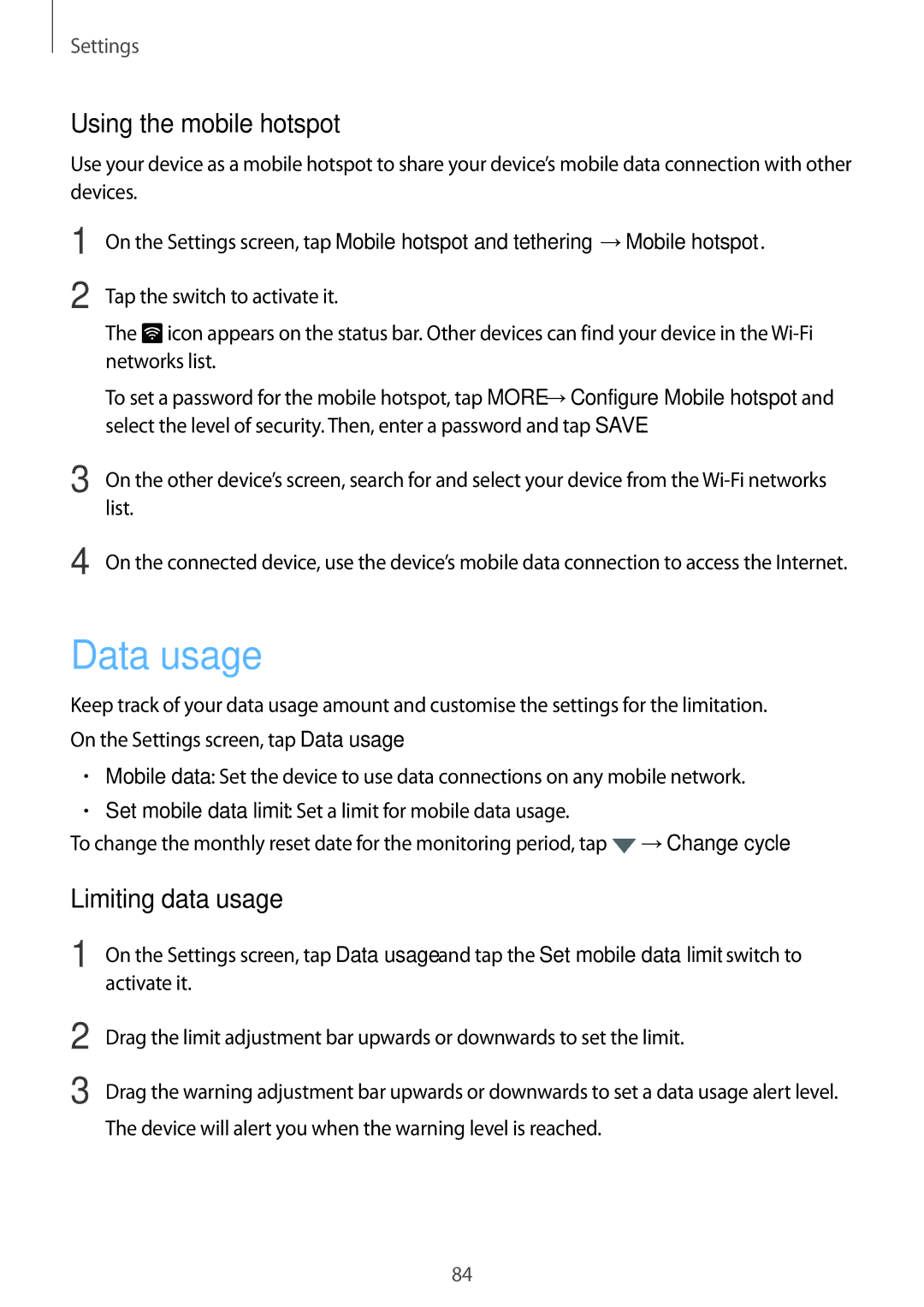 Samsung SM-T815NZKESER, SM-T815NZKEDBT, SM-T815NZWEDBT manual Data usage, Using the mobile hotspot, Limiting data usage 