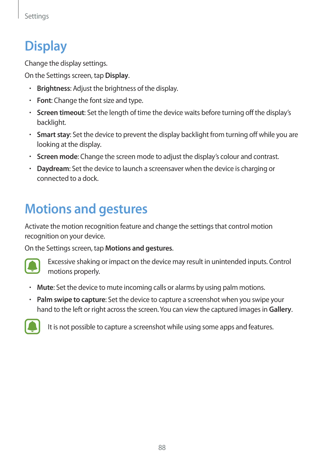 Samsung SM-T815NZWEXEF, SM-T815NZKEDBT, SM-T815NZWEDBT, SM-T815NZDETIM, SM-T815NZWEPLS manual Display, Motions and gestures 