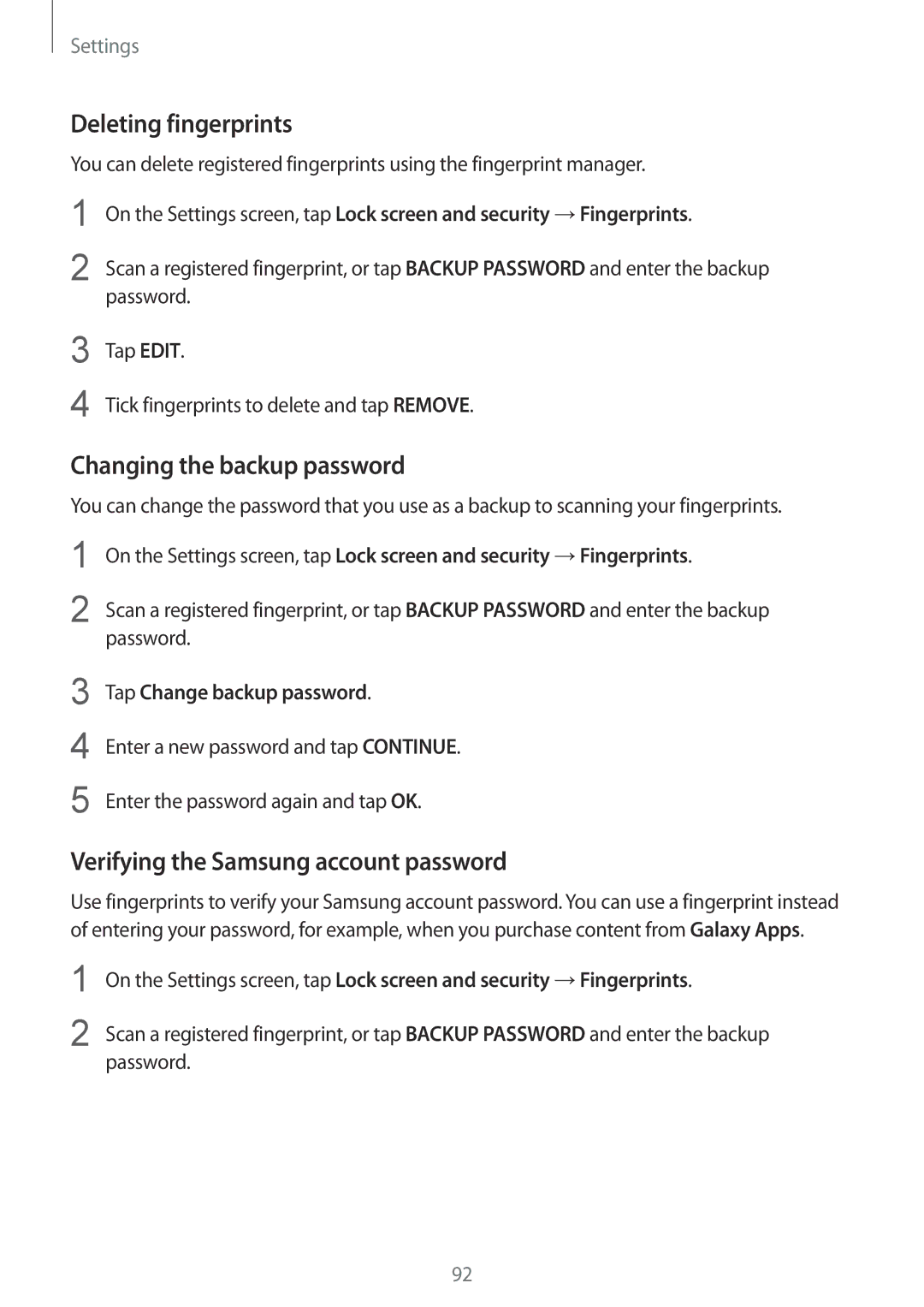 Samsung SM-T815NZDEOMN manual Deleting fingerprints, Changing the backup password, Verifying the Samsung account password 