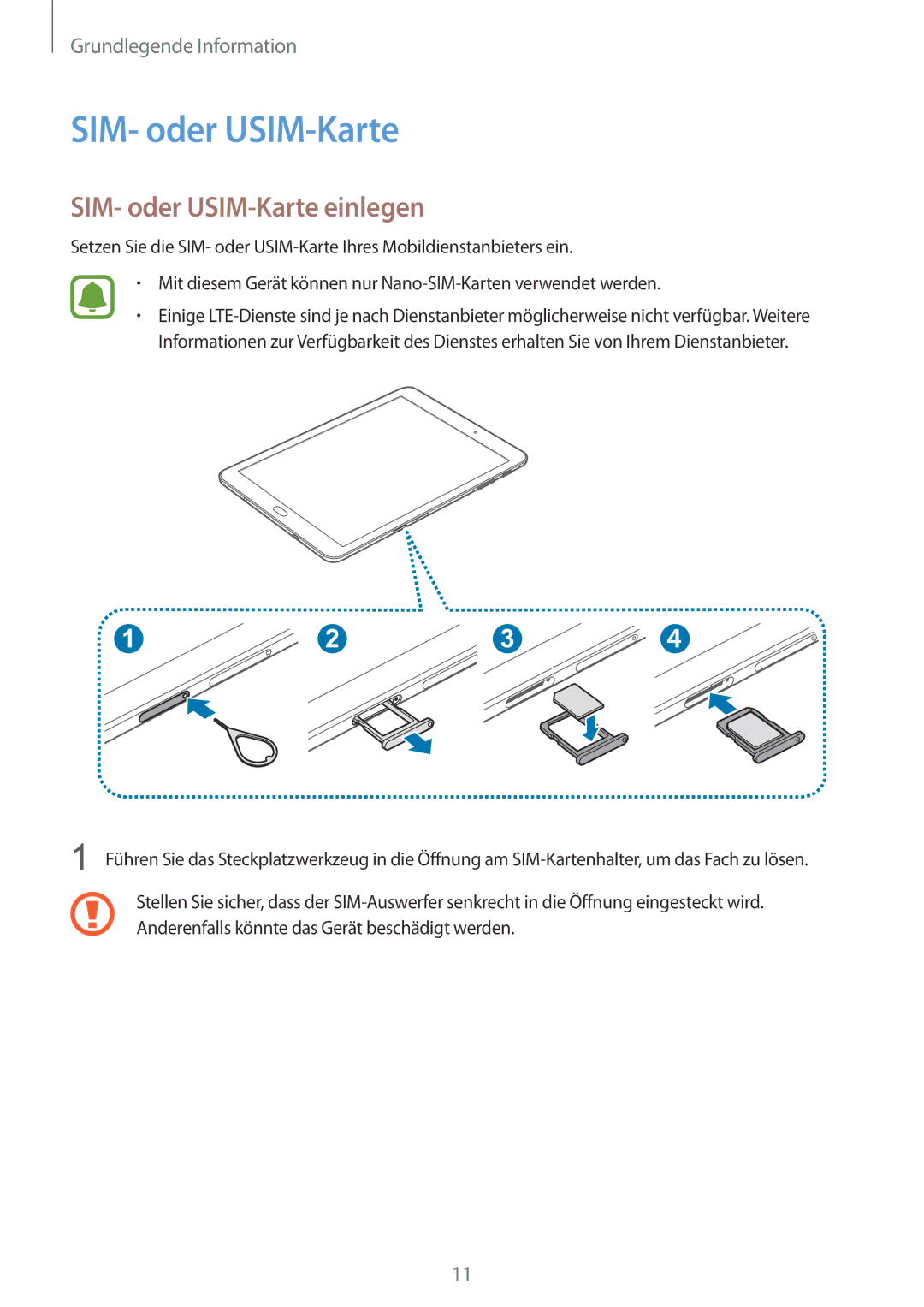 Samsung SM-T815NZWEDBT, SM-T815NZKEDBT manual SIM- oder USIM-Karte einlegen 