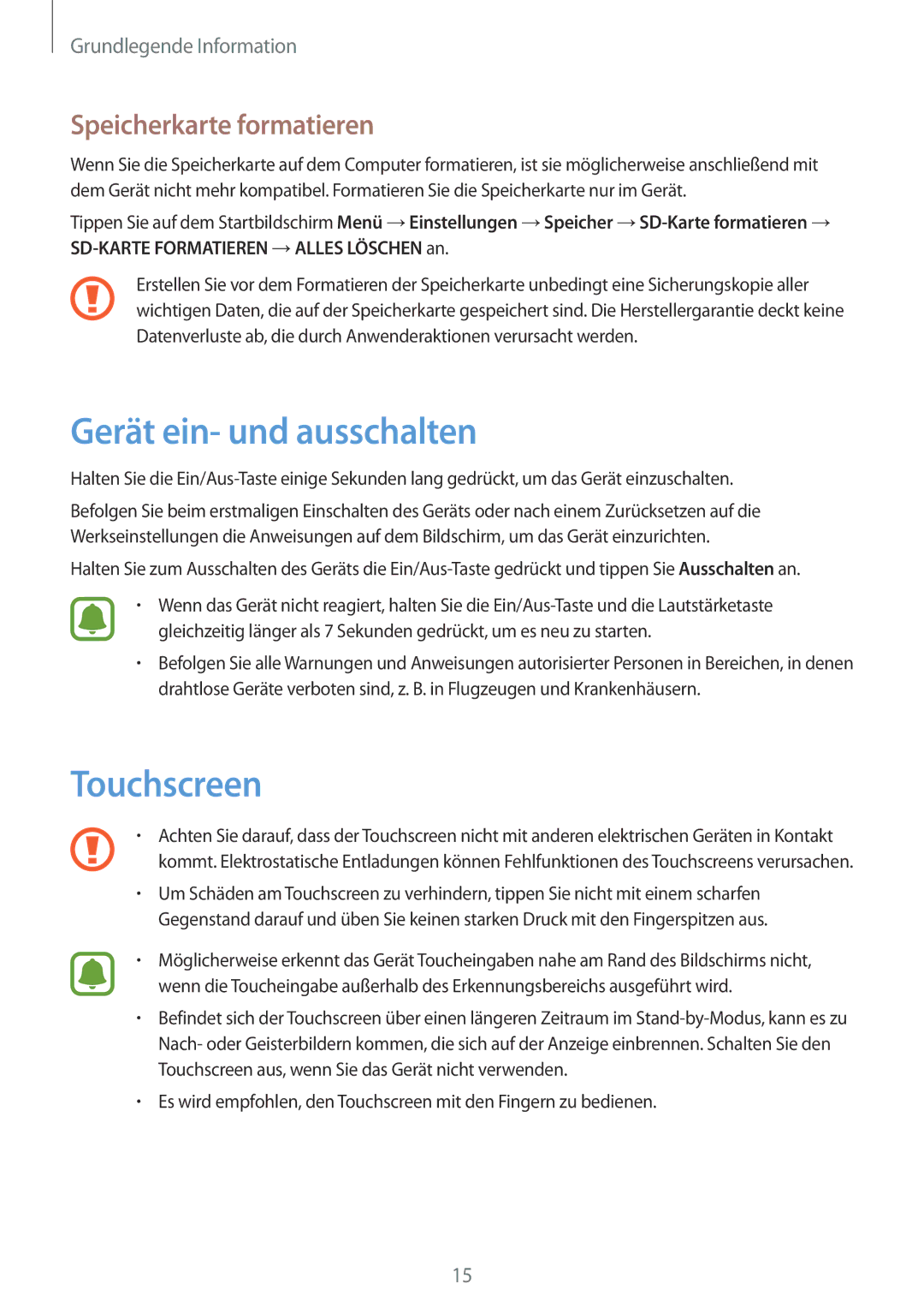 Samsung SM-T815NZWEDBT, SM-T815NZKEDBT manual Gerät ein- und ausschalten, Touchscreen, Speicherkarte formatieren 