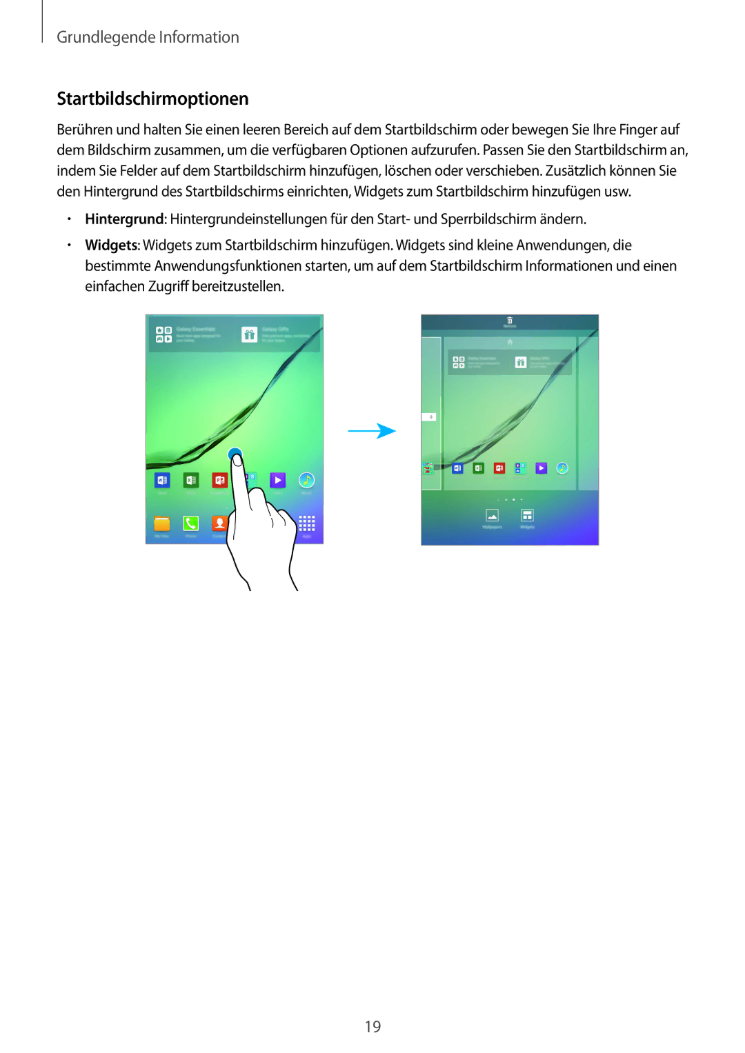 Samsung SM-T815NZWEDBT, SM-T815NZKEDBT manual Startbildschirmoptionen 