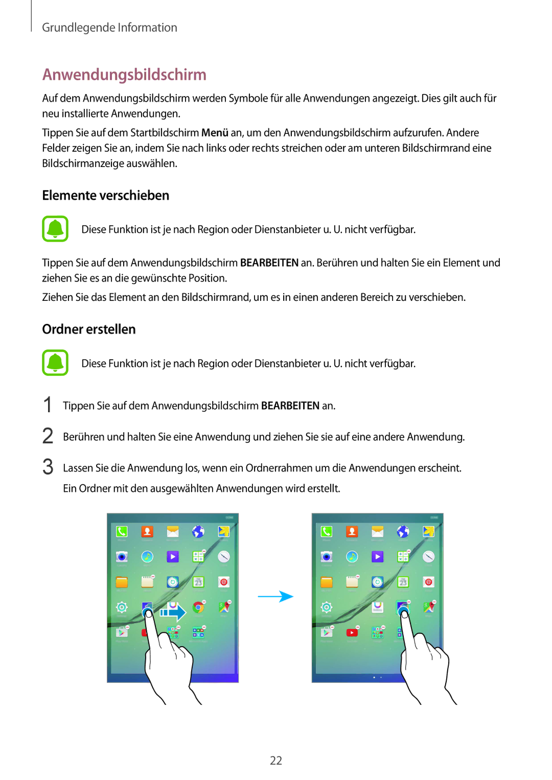 Samsung SM-T815NZKEDBT, SM-T815NZWEDBT manual Anwendungsbildschirm, Elemente verschieben 