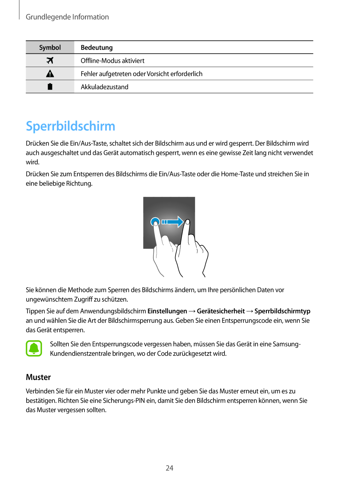 Samsung SM-T815NZKEDBT, SM-T815NZWEDBT manual Sperrbildschirm, Muster 