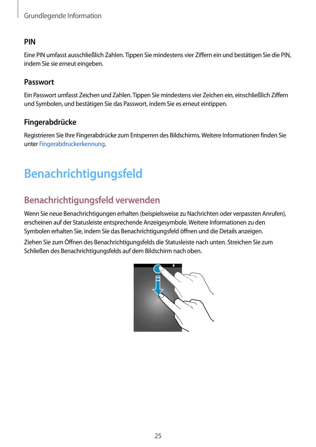 Samsung SM-T815NZWEDBT, SM-T815NZKEDBT manual Benachrichtigungsfeld verwenden, Passwort, Fingerabdrücke 