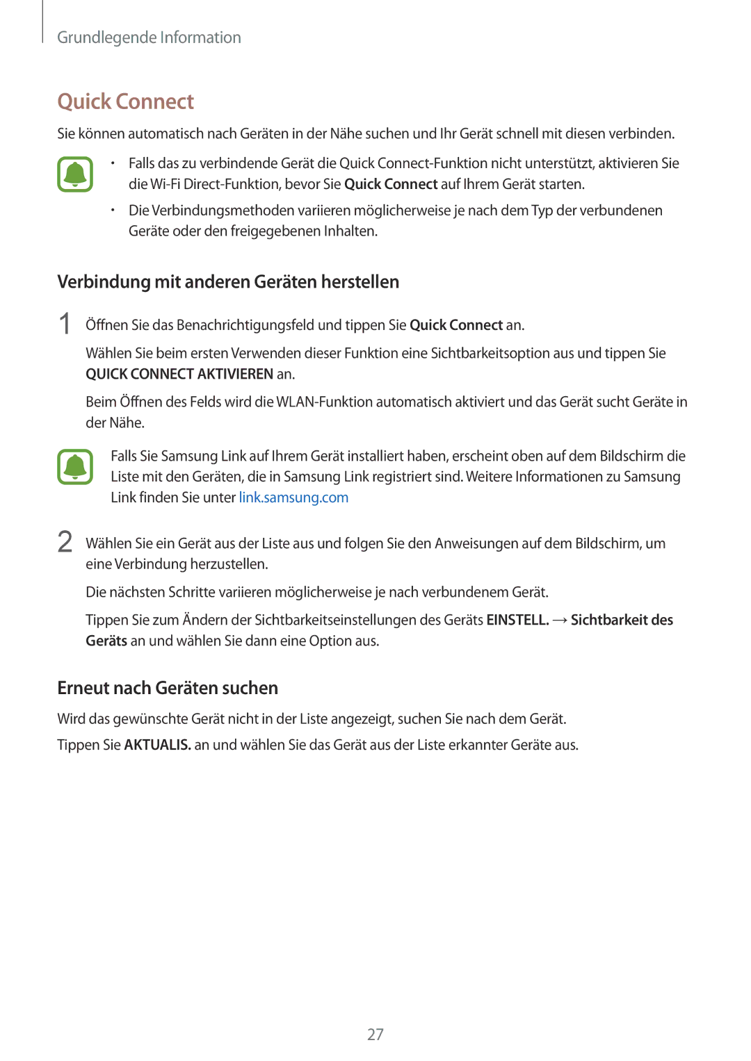 Samsung SM-T815NZWEDBT manual Quick Connect, Verbindung mit anderen Geräten herstellen, Erneut nach Geräten suchen 