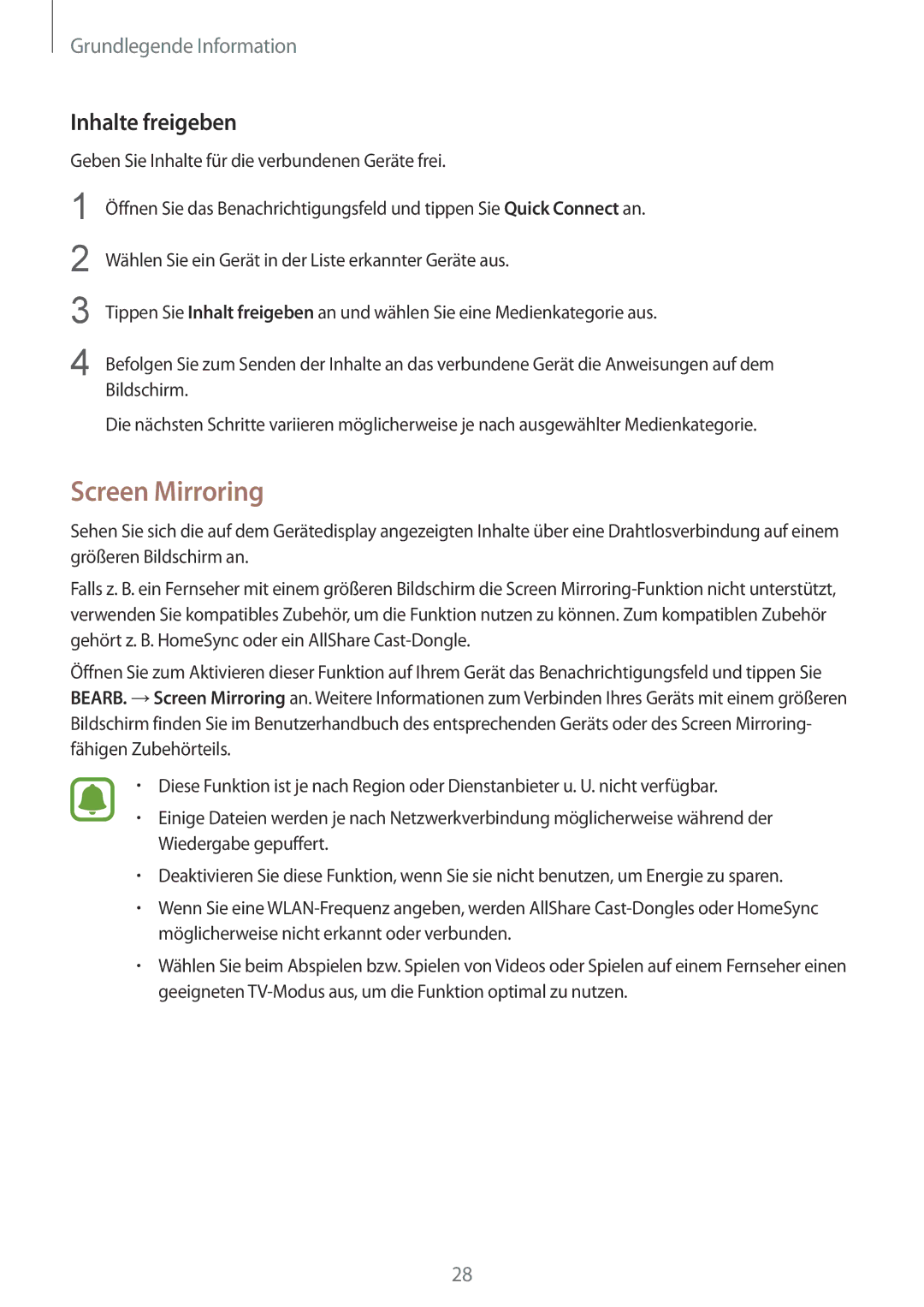 Samsung SM-T815NZKEDBT, SM-T815NZWEDBT manual Screen Mirroring, Inhalte freigeben 