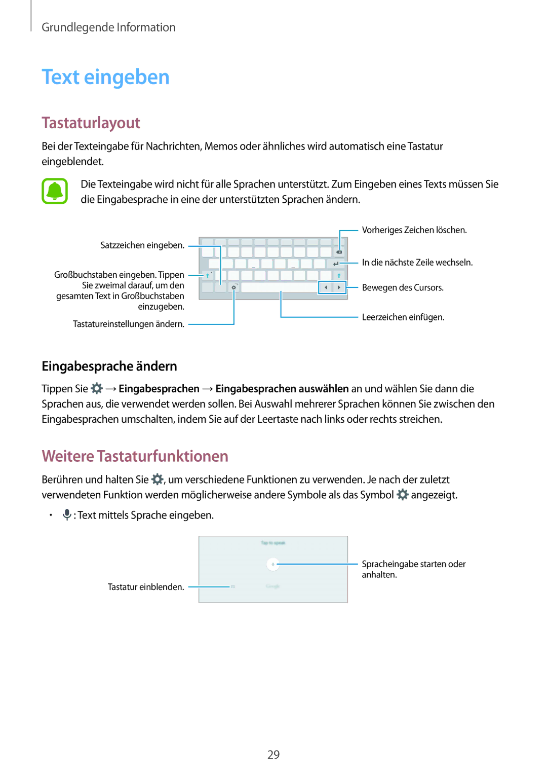 Samsung SM-T815NZWEDBT, SM-T815NZKEDBT Text eingeben, Tastaturlayout, Weitere Tastaturfunktionen, Eingabesprache ändern 