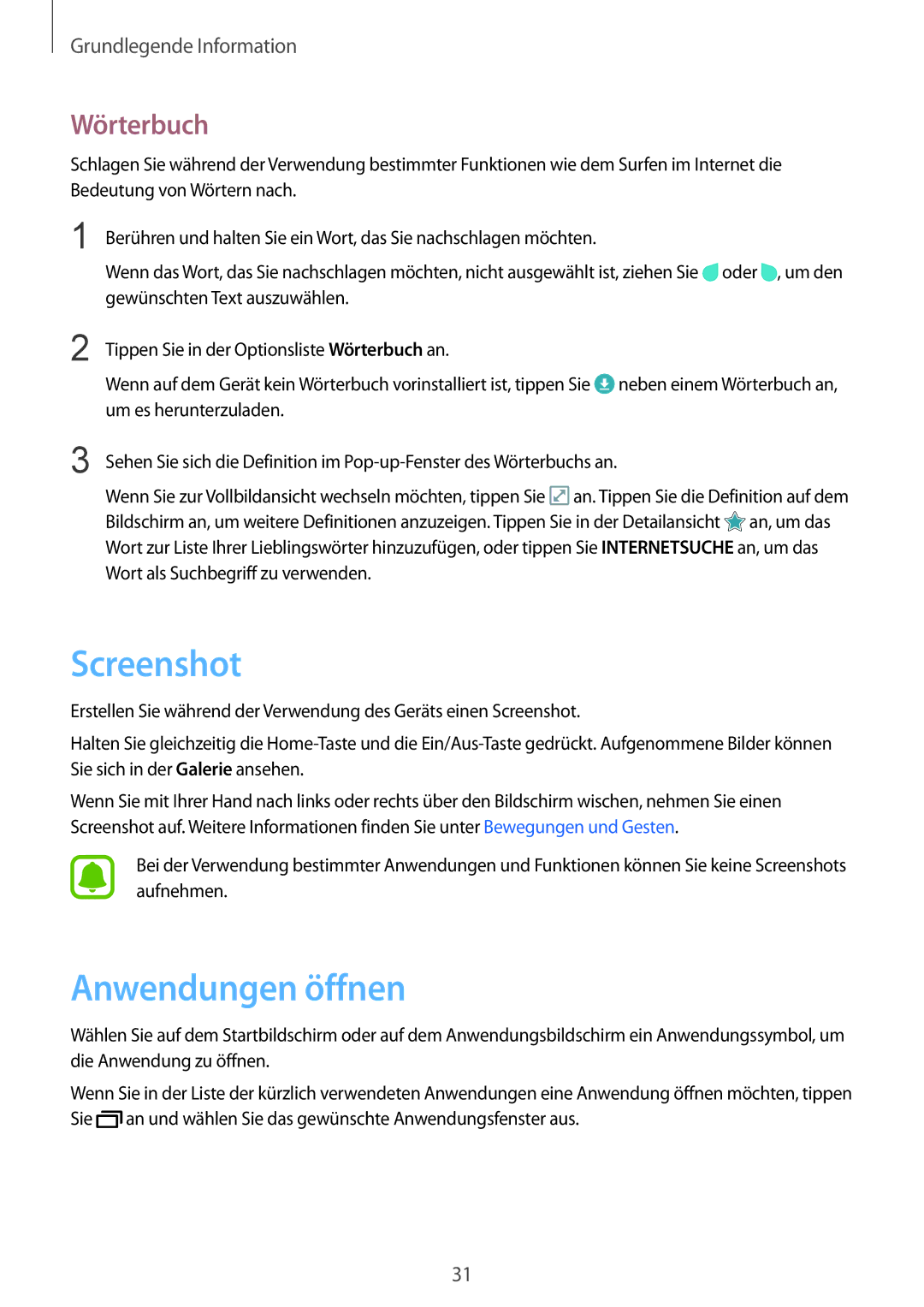 Samsung SM-T815NZWEDBT, SM-T815NZKEDBT manual Screenshot, Anwendungen öffnen, Wörterbuch 