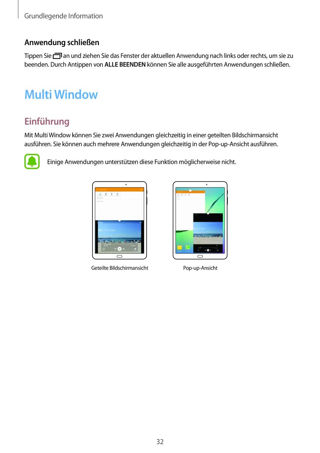 Samsung SM-T815NZKEDBT, SM-T815NZWEDBT manual Multi Window, Einführung, Anwendung schließen 