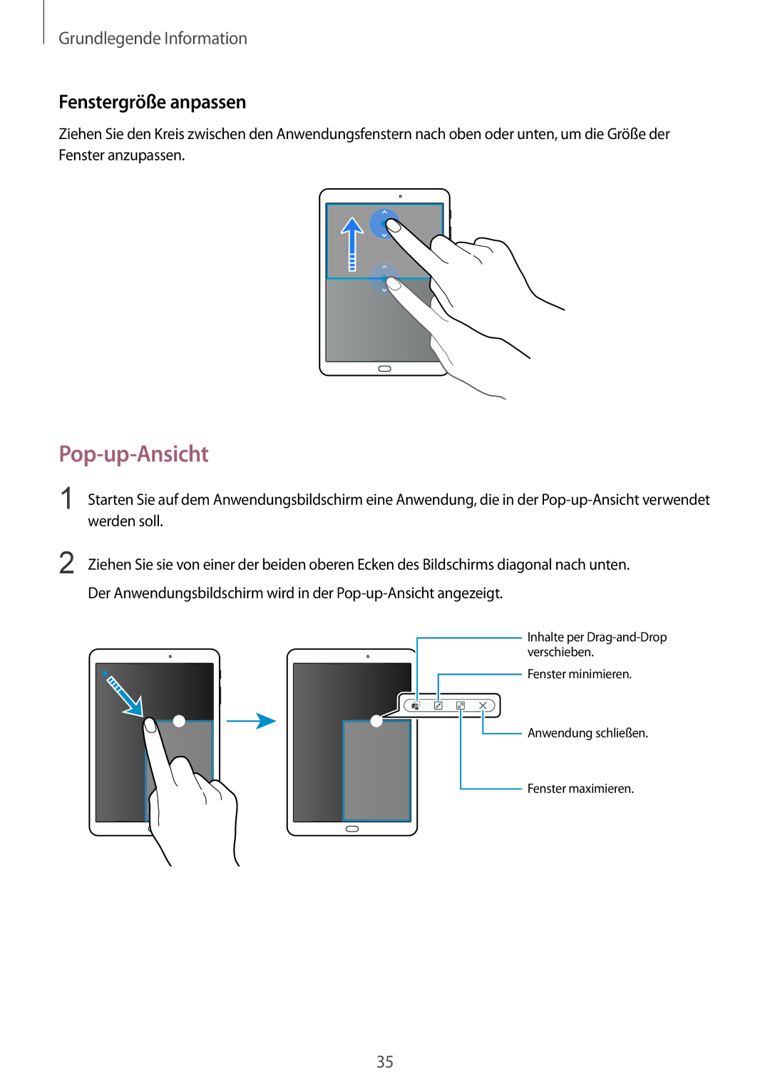 Samsung SM-T815NZWEDBT, SM-T815NZKEDBT manual Pop-up-Ansicht, Fenstergröße anpassen 