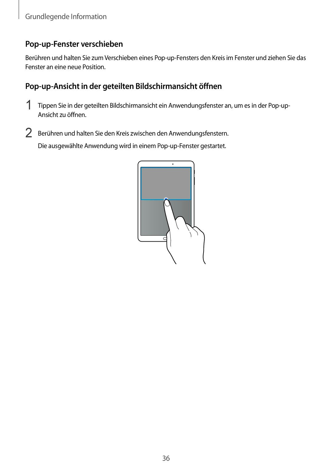 Samsung SM-T815NZKEDBT manual Pop-up-Fenster verschieben, Pop-up-Ansicht in der geteilten Bildschirmansicht öffnen 