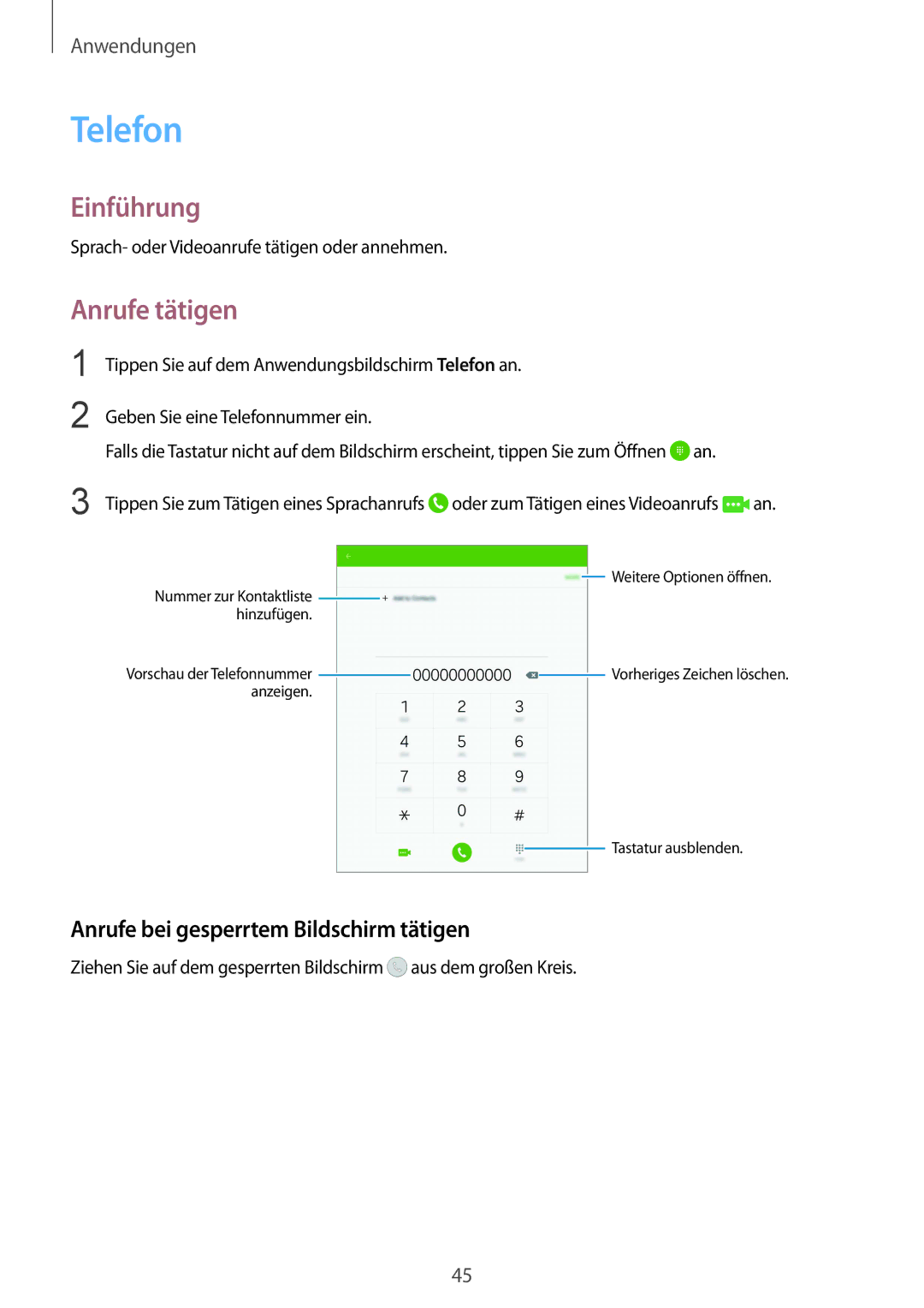 Samsung SM-T815NZWEDBT, SM-T815NZKEDBT manual Telefon, Anrufe tätigen, Anrufe bei gesperrtem Bildschirm tätigen 