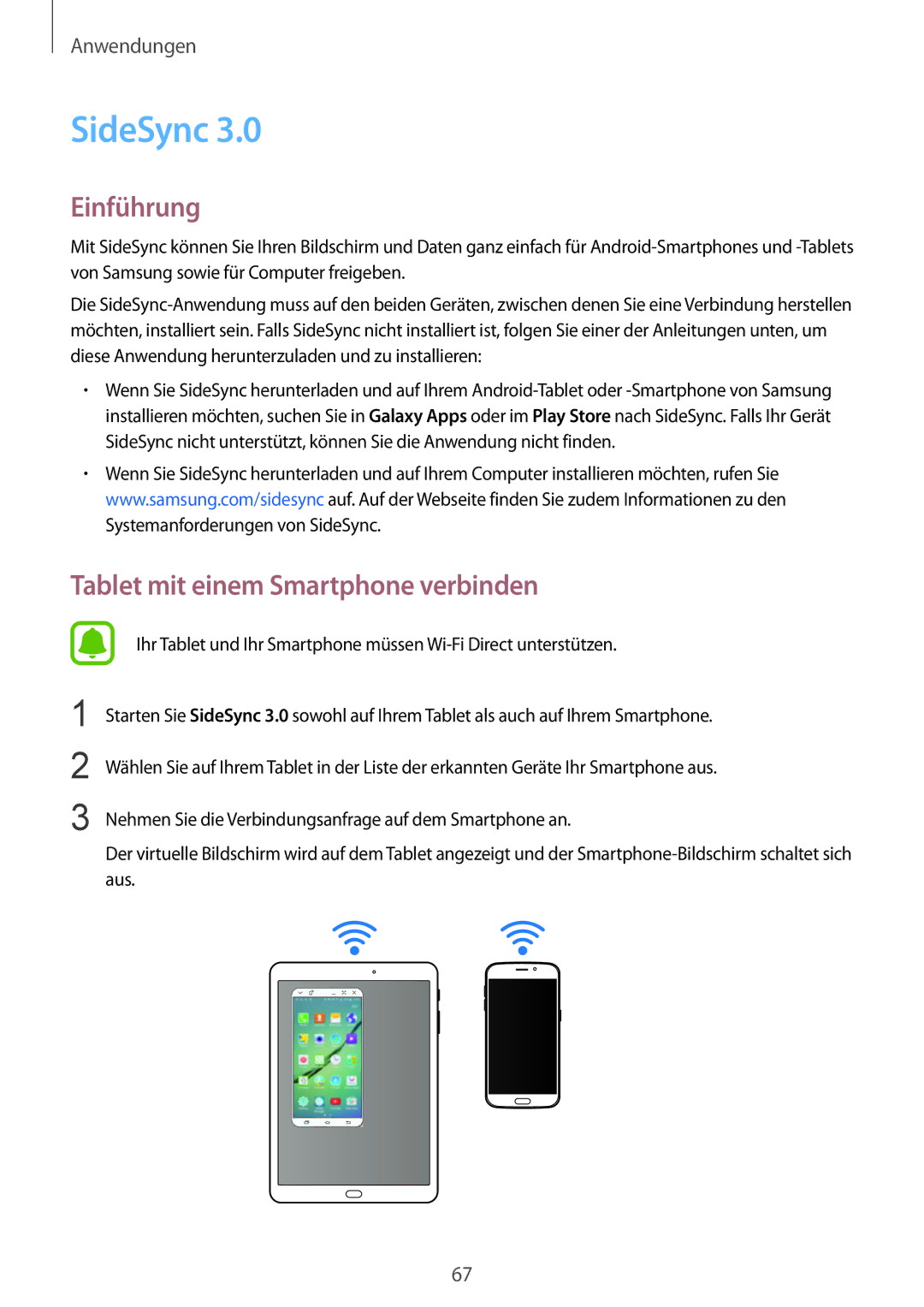 Samsung SM-T815NZWEDBT, SM-T815NZKEDBT manual SideSync, Tablet mit einem Smartphone verbinden 