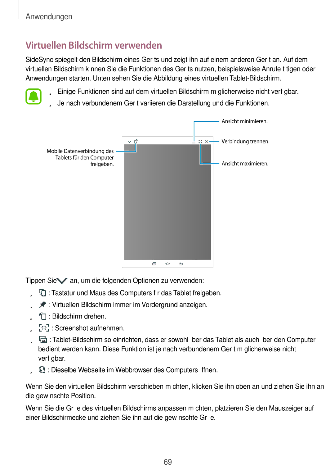 Samsung SM-T815NZWEDBT, SM-T815NZKEDBT manual Virtuellen Bildschirm verwenden 