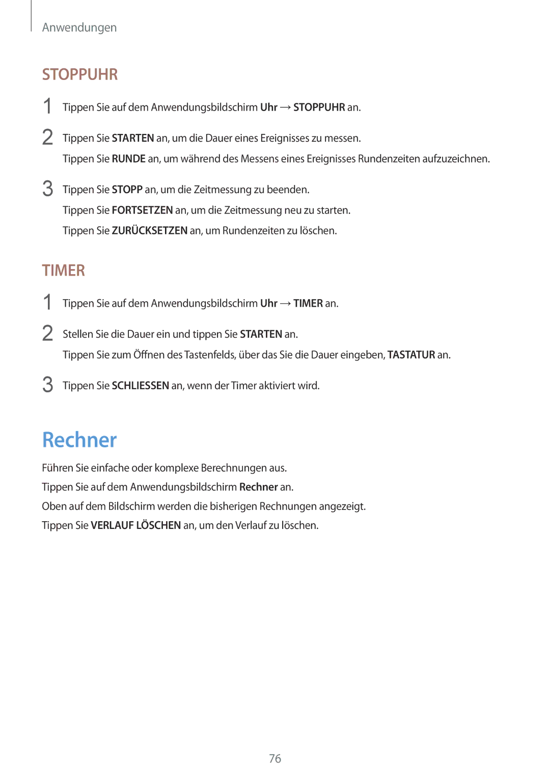 Samsung SM-T815NZKEDBT, SM-T815NZWEDBT manual Rechner, Stoppuhr 