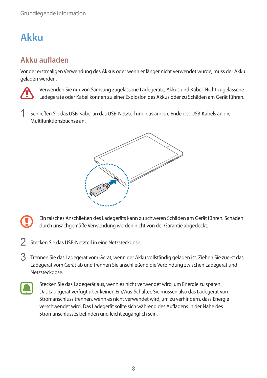 Samsung SM-T815NZKEDBT, SM-T815NZWEDBT manual Akku aufladen 