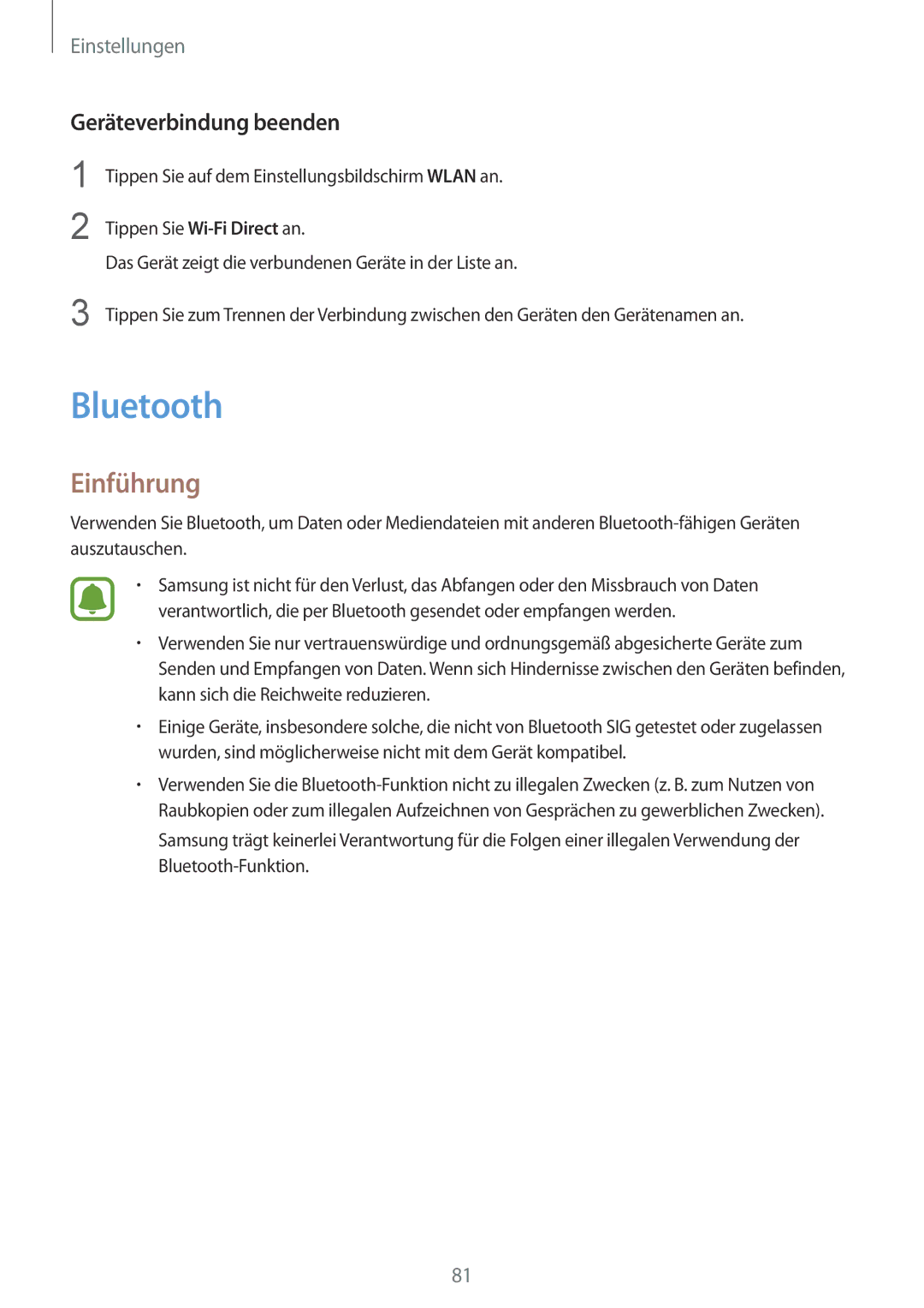 Samsung SM-T815NZWEDBT, SM-T815NZKEDBT manual Bluetooth, Geräteverbindung beenden 