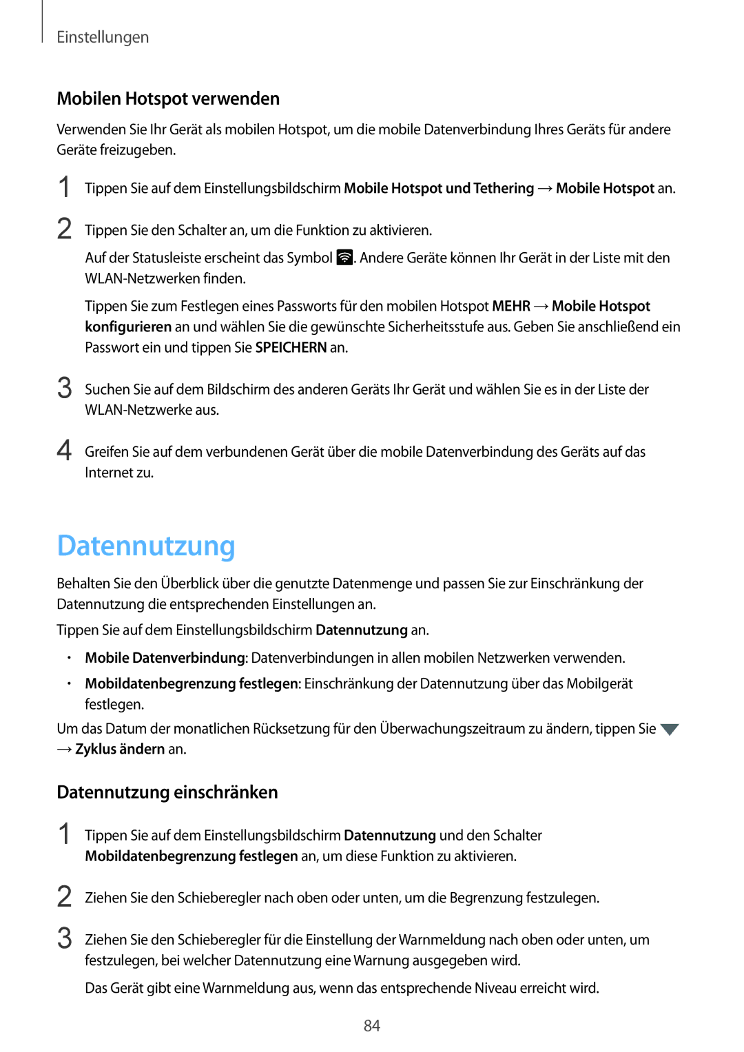 Samsung SM-T815NZKEDBT, SM-T815NZWEDBT manual Mobilen Hotspot verwenden, Datennutzung einschränken 