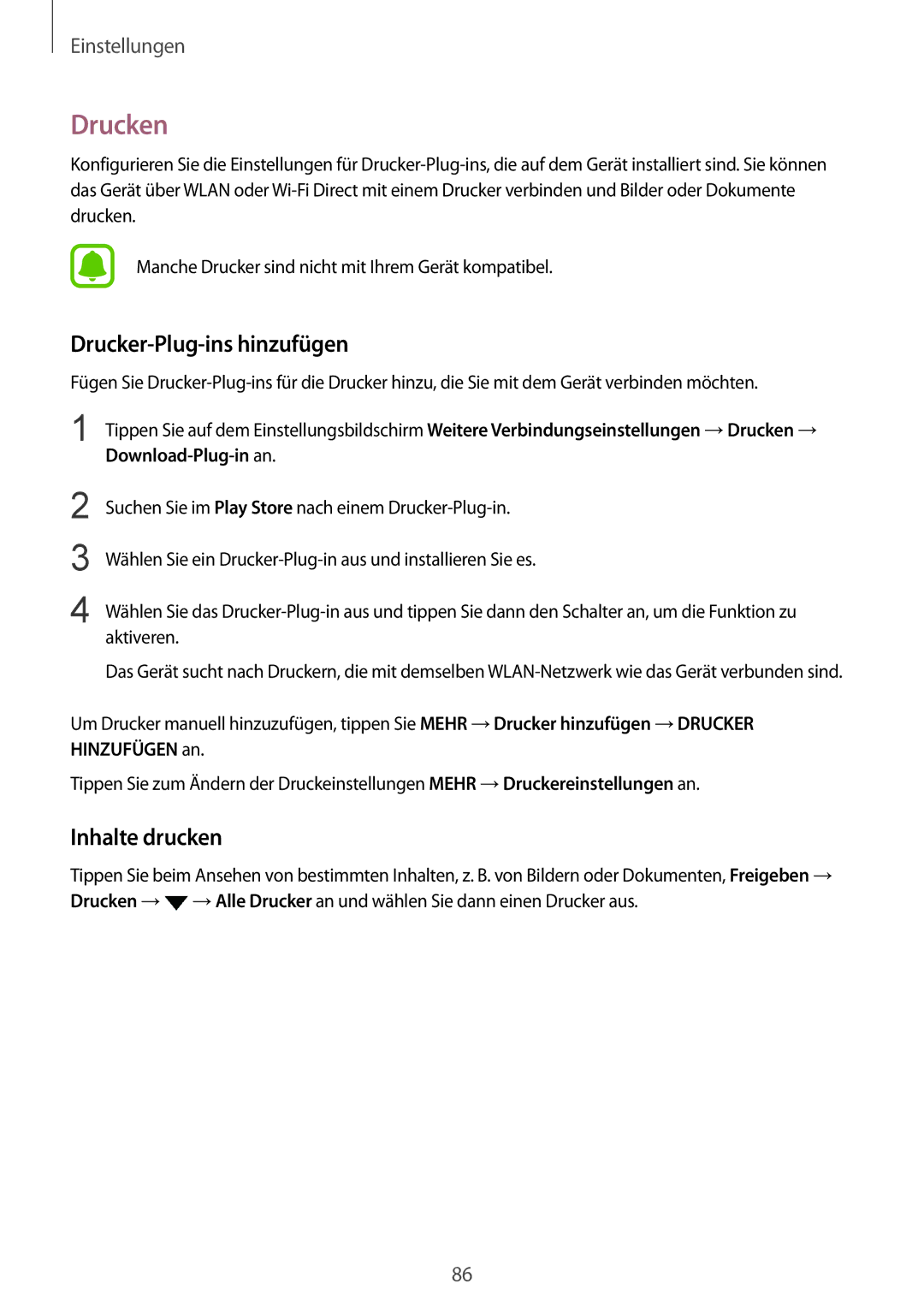 Samsung SM-T815NZKEDBT, SM-T815NZWEDBT manual Drucken, Drucker-Plug-ins hinzufügen, Inhalte drucken 