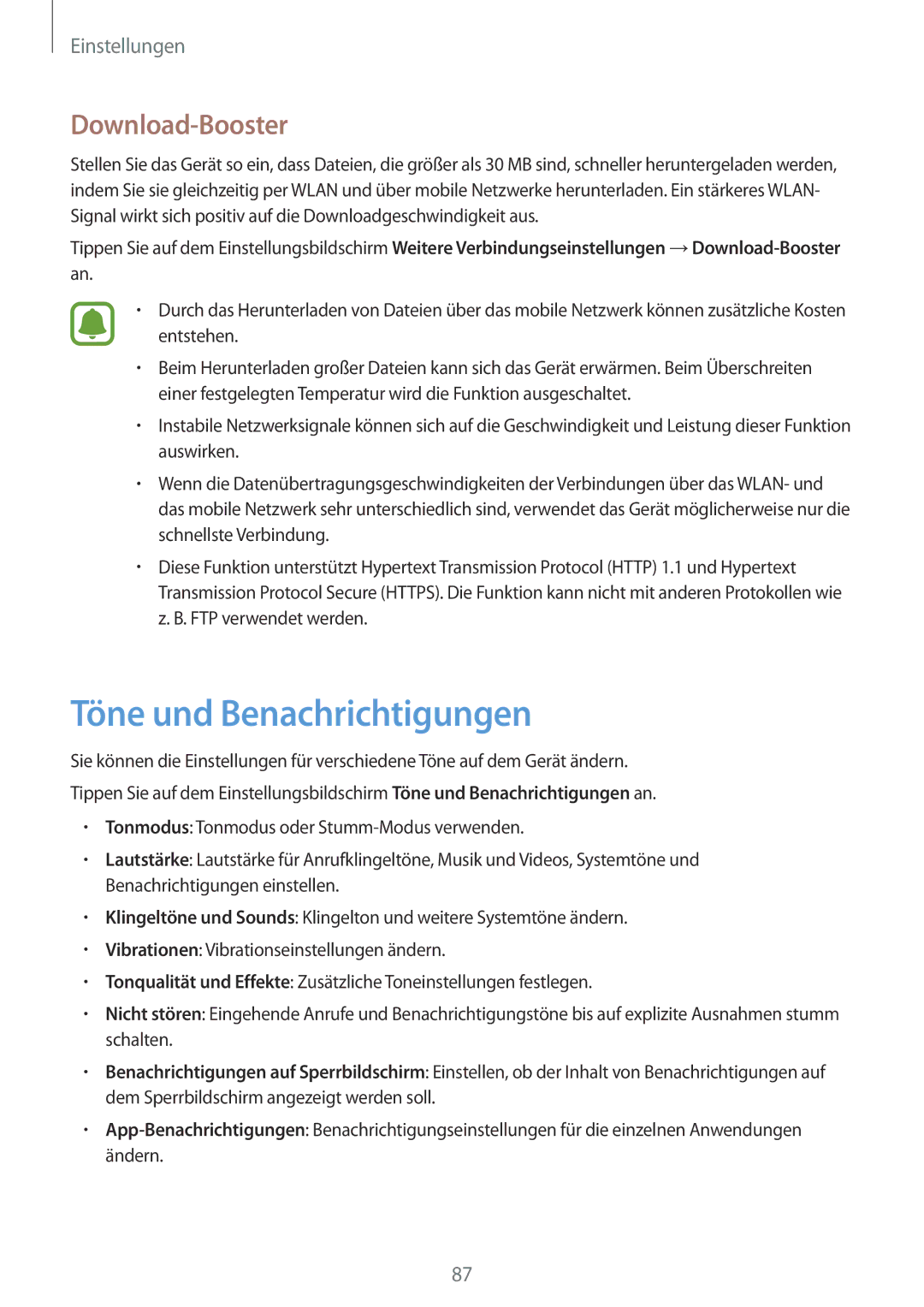 Samsung SM-T815NZWEDBT, SM-T815NZKEDBT manual Töne und Benachrichtigungen, Download-Booster 