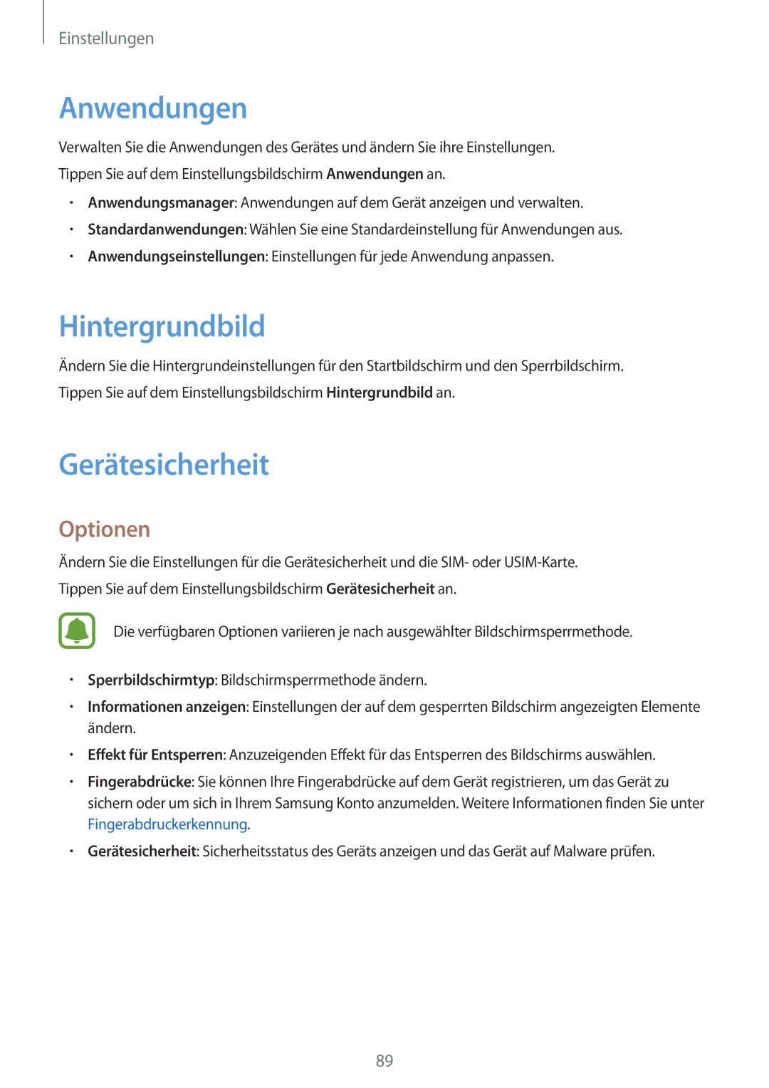 Samsung SM-T815NZWEDBT, SM-T815NZKEDBT manual Anwendungen, Hintergrundbild, Gerätesicherheit 