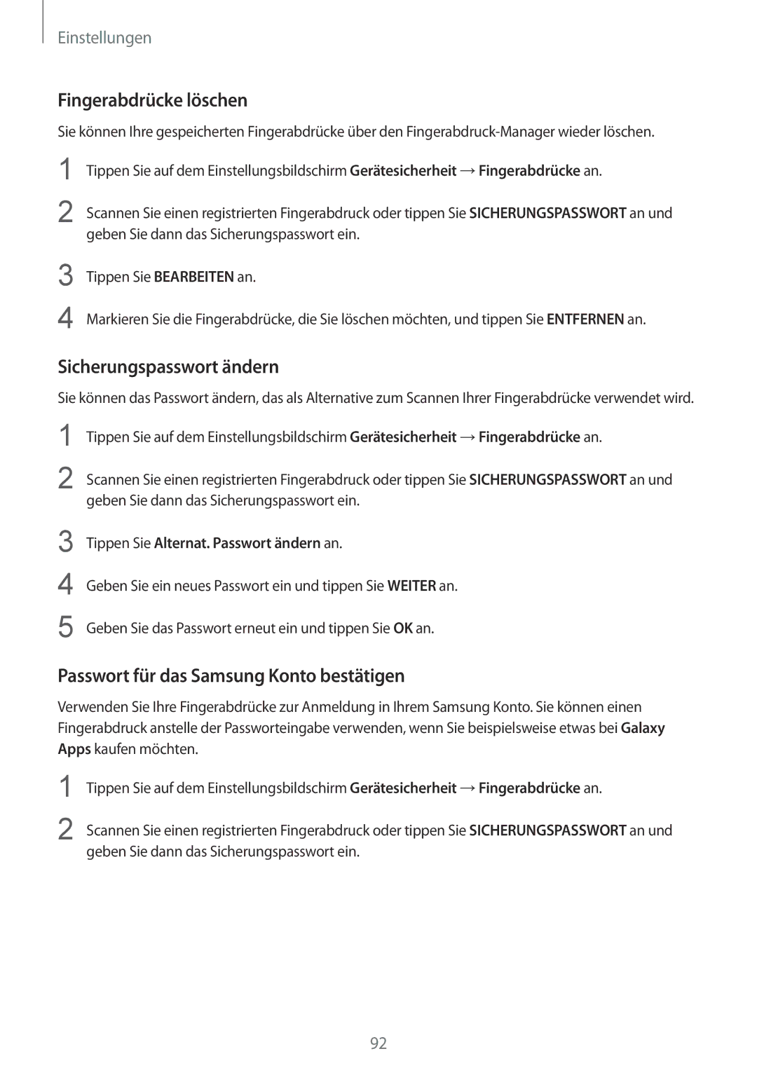 Samsung SM-T815NZKEDBT manual Fingerabdrücke löschen, Sicherungspasswort ändern, Passwort für das Samsung Konto bestätigen 