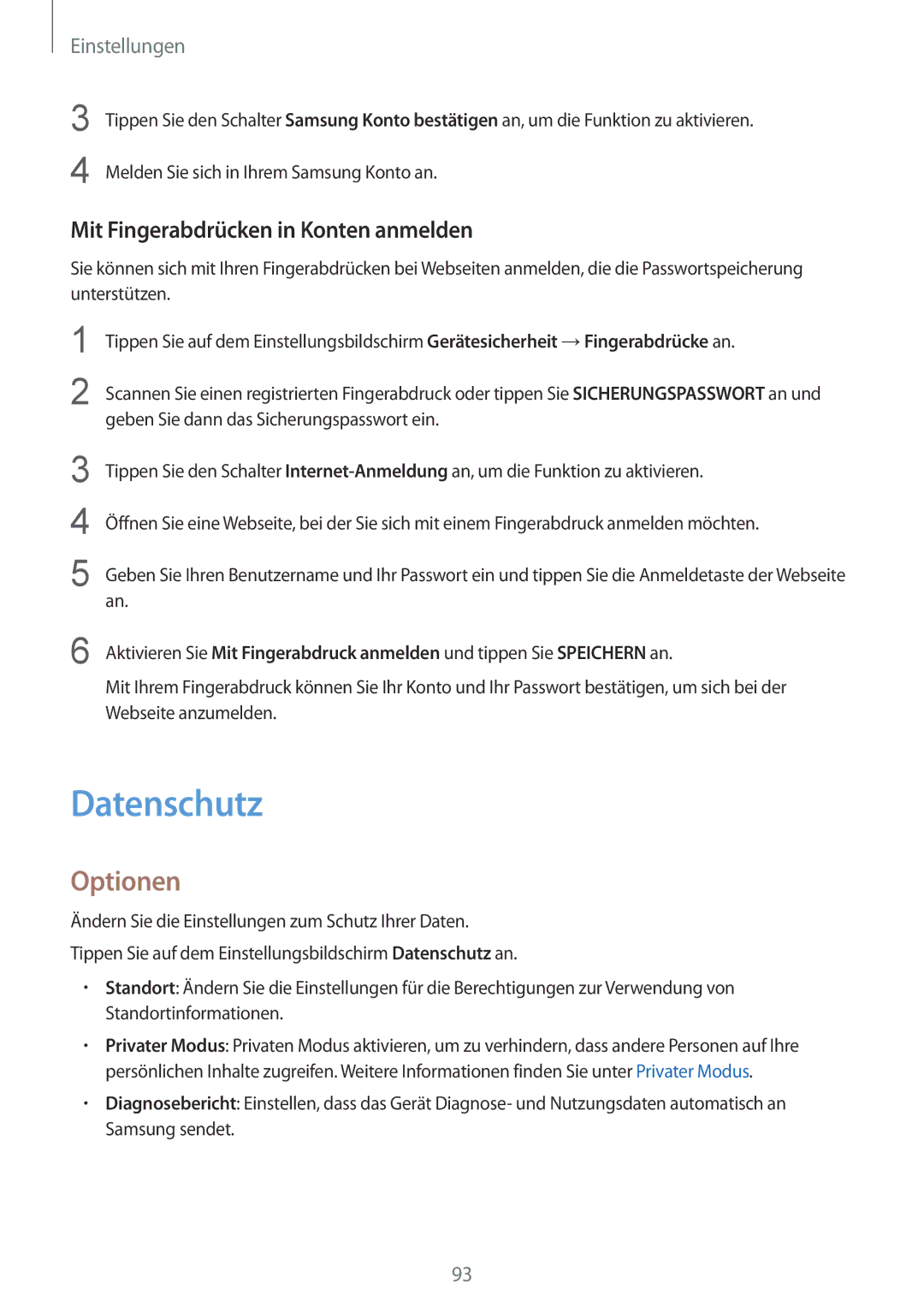 Samsung SM-T815NZWEDBT, SM-T815NZKEDBT manual Datenschutz, Mit Fingerabdrücken in Konten anmelden 